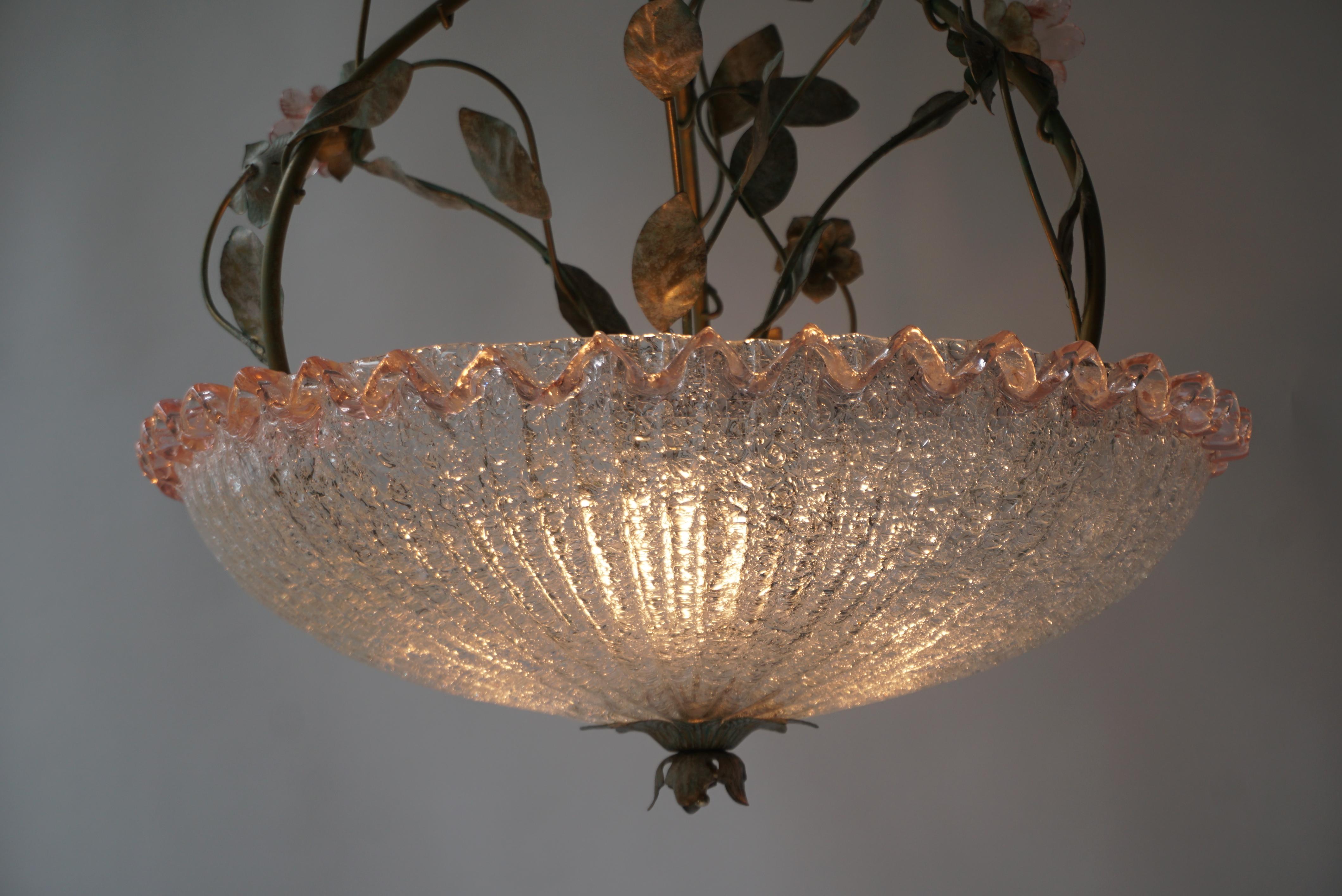 Italian Murano Glass Pink Flower Chandelier For Sale 4