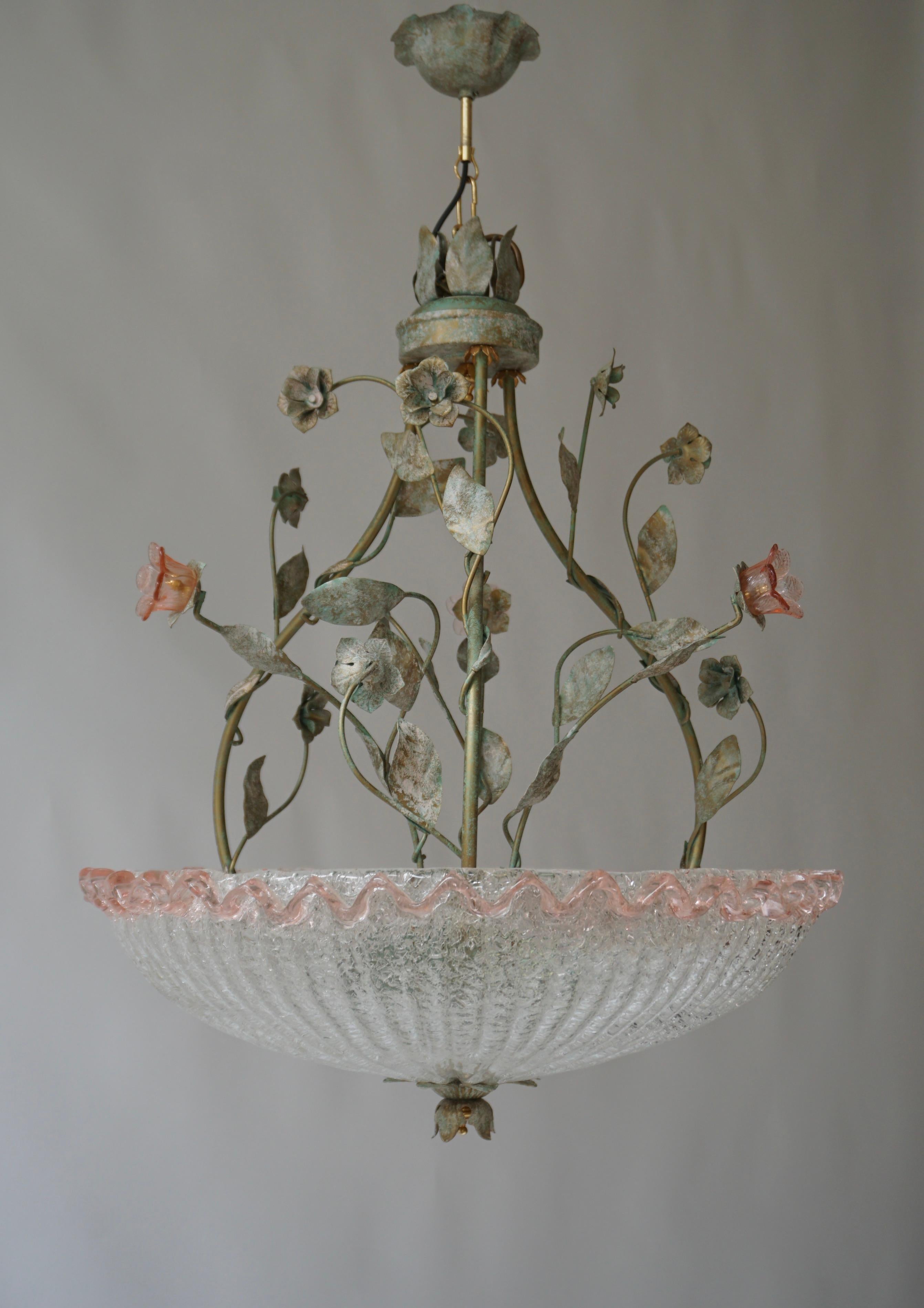 Hollywood Regency Italian Murano Glass Pink Flower Chandelier For Sale