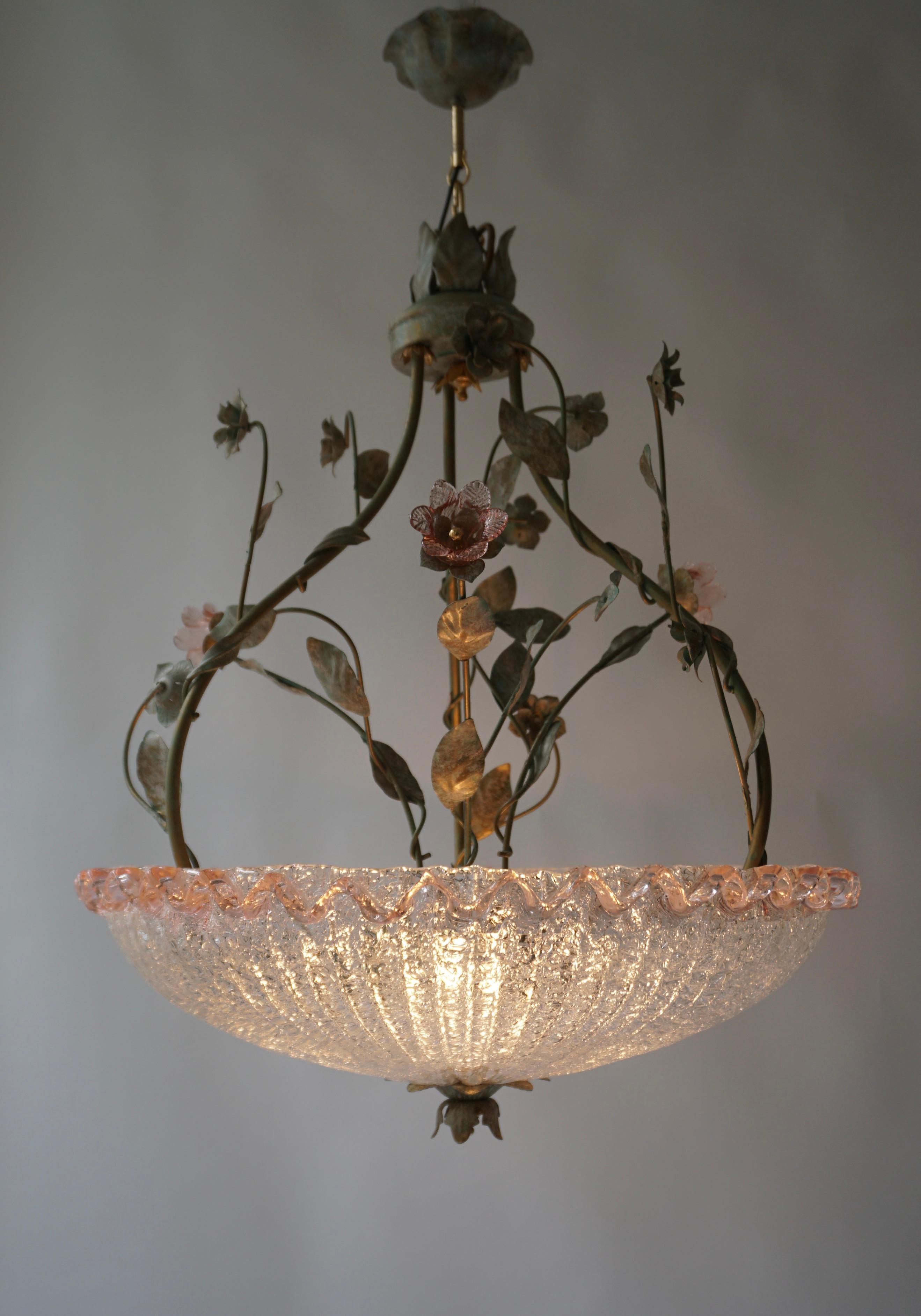 Patinated Italian Murano Glass Pink Flower Chandelier For Sale