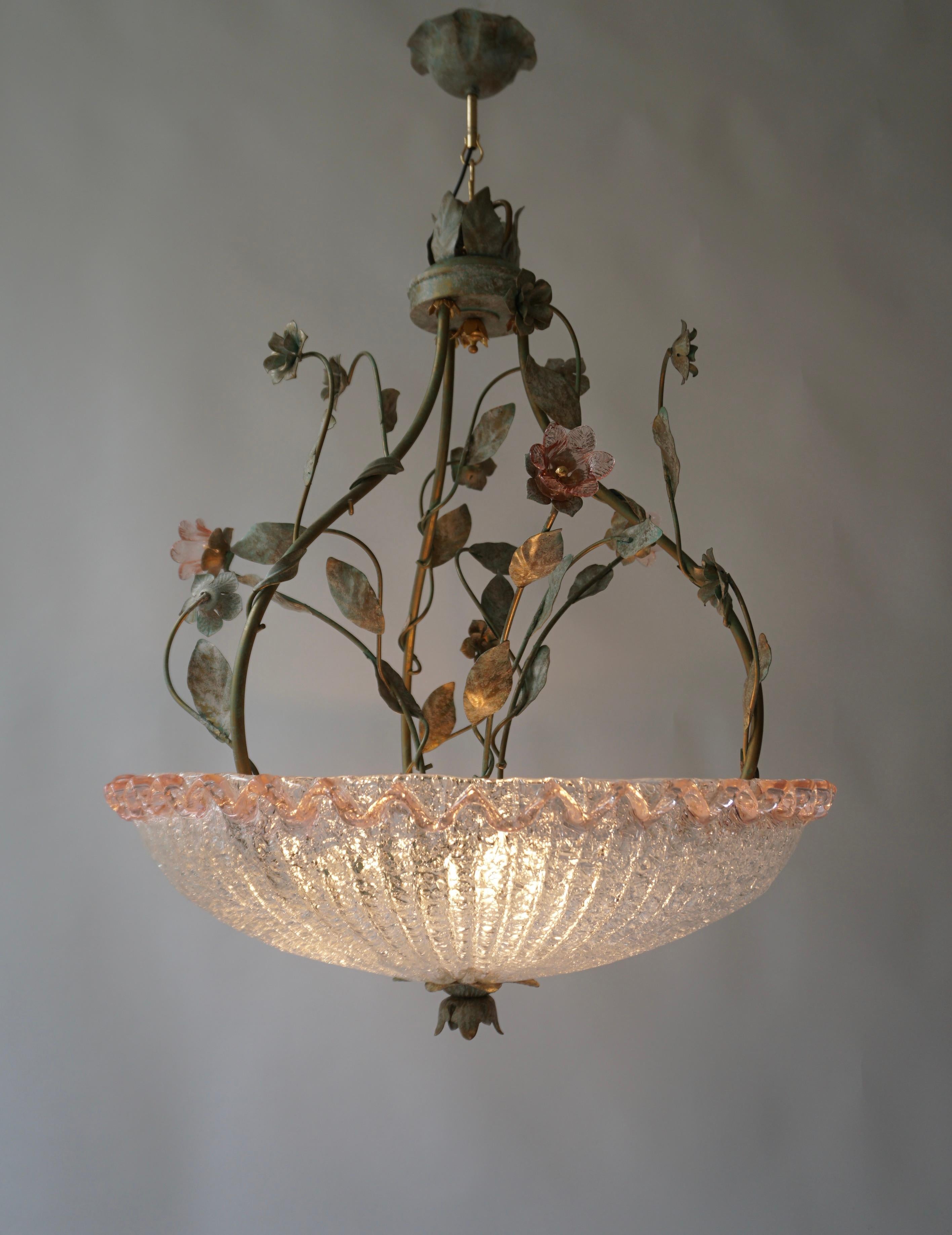 20th Century Italian Murano Glass Pink Flower Chandelier For Sale