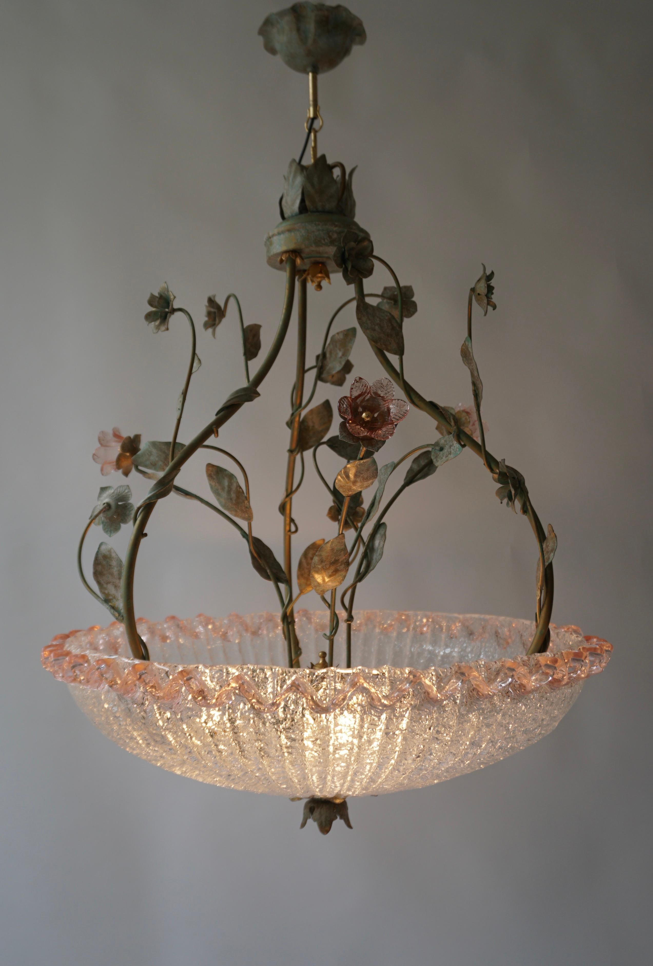 Metal Italian Murano Glass Pink Flower Chandelier For Sale