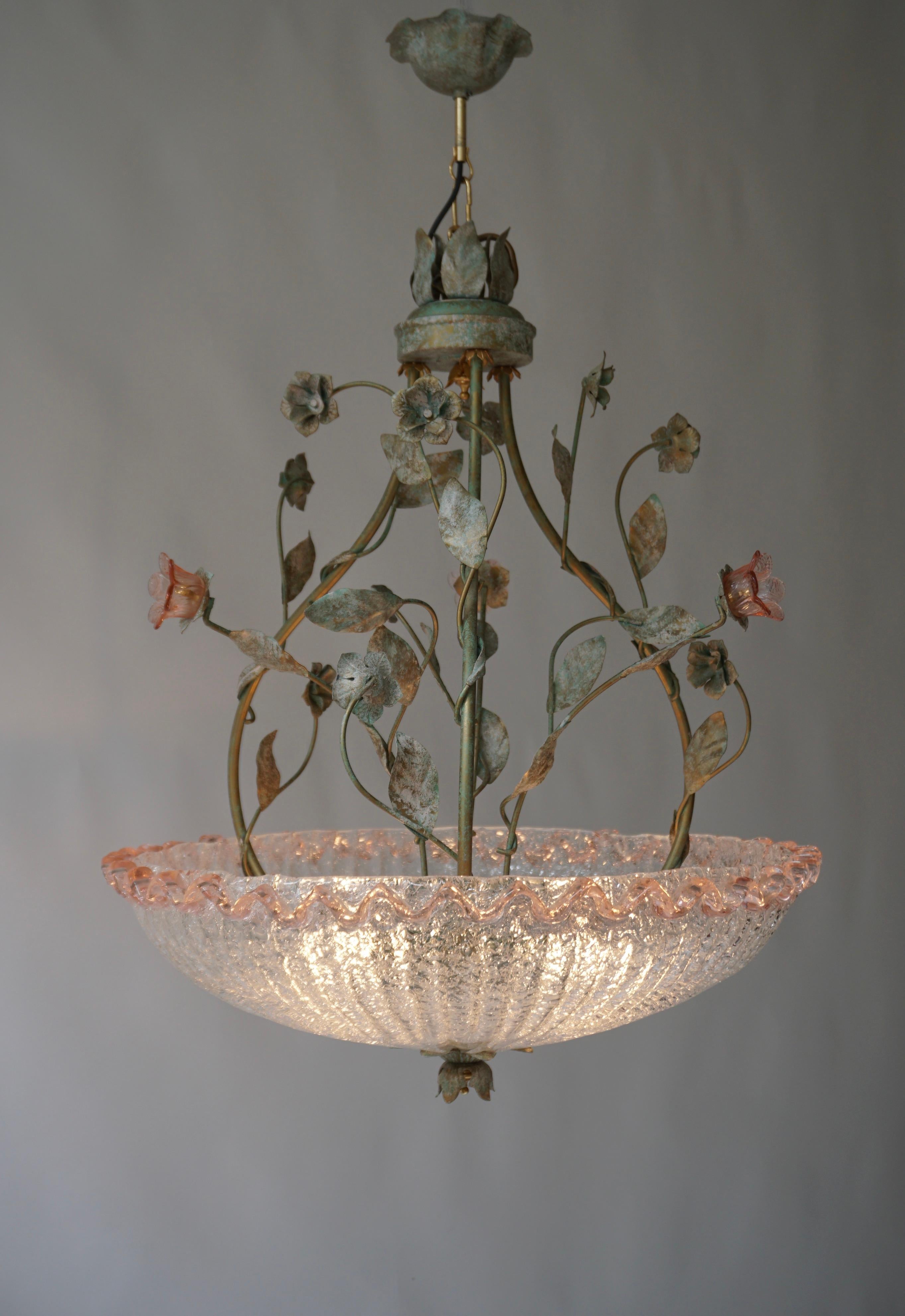 Italian Murano Glass Pink Flower Chandelier For Sale 1
