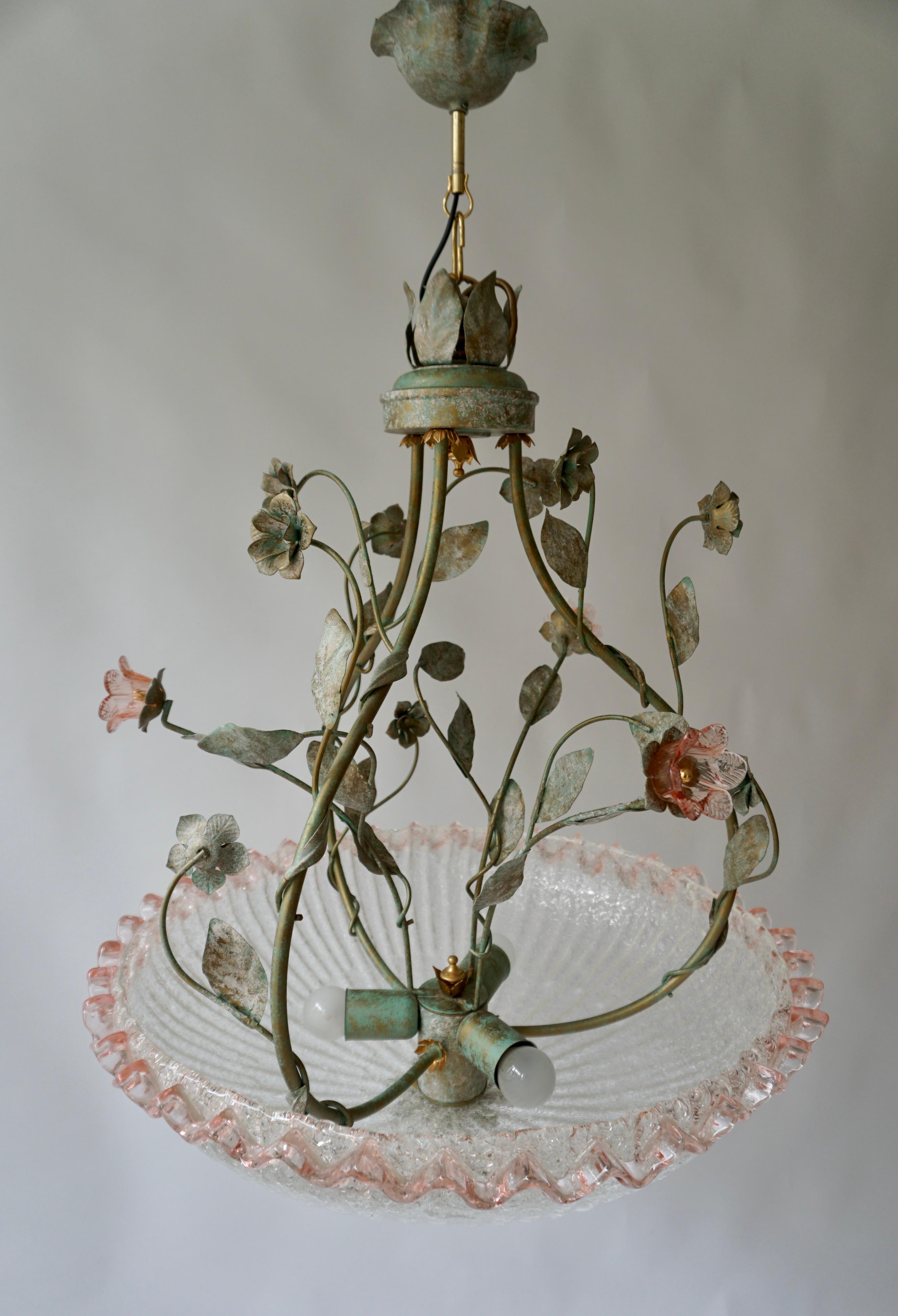 Italian Murano Glass Pink Flower Chandelier For Sale 2