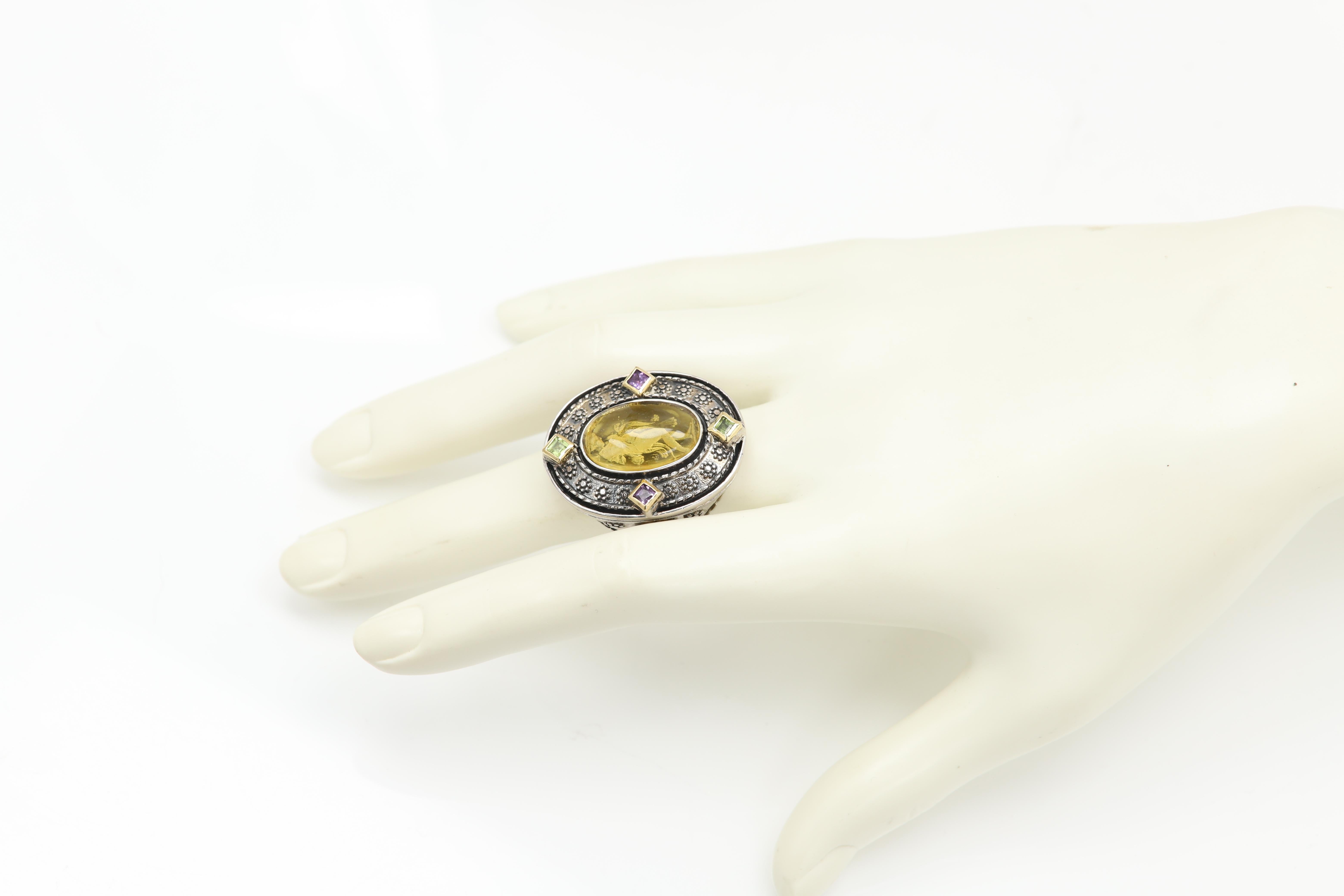 Italian Murano Glass Ring Queen Omphale of Greek Mythology Silver and Gold For Sale 1