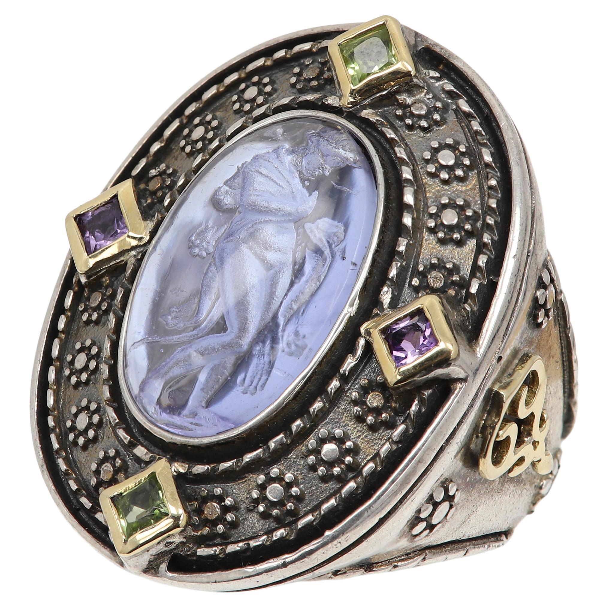 Italian Murano Glass Ring Queen Omphale of Greek Mythology Silver and Gold For Sale