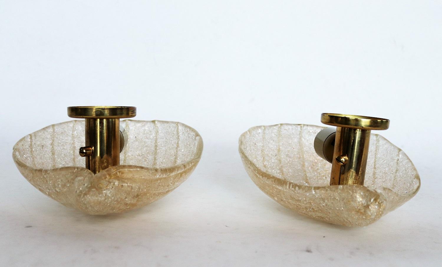 Hollywood Regency Italian Murano Glass Shell and Brass Wall Sconces or Wall Lights, 1970s