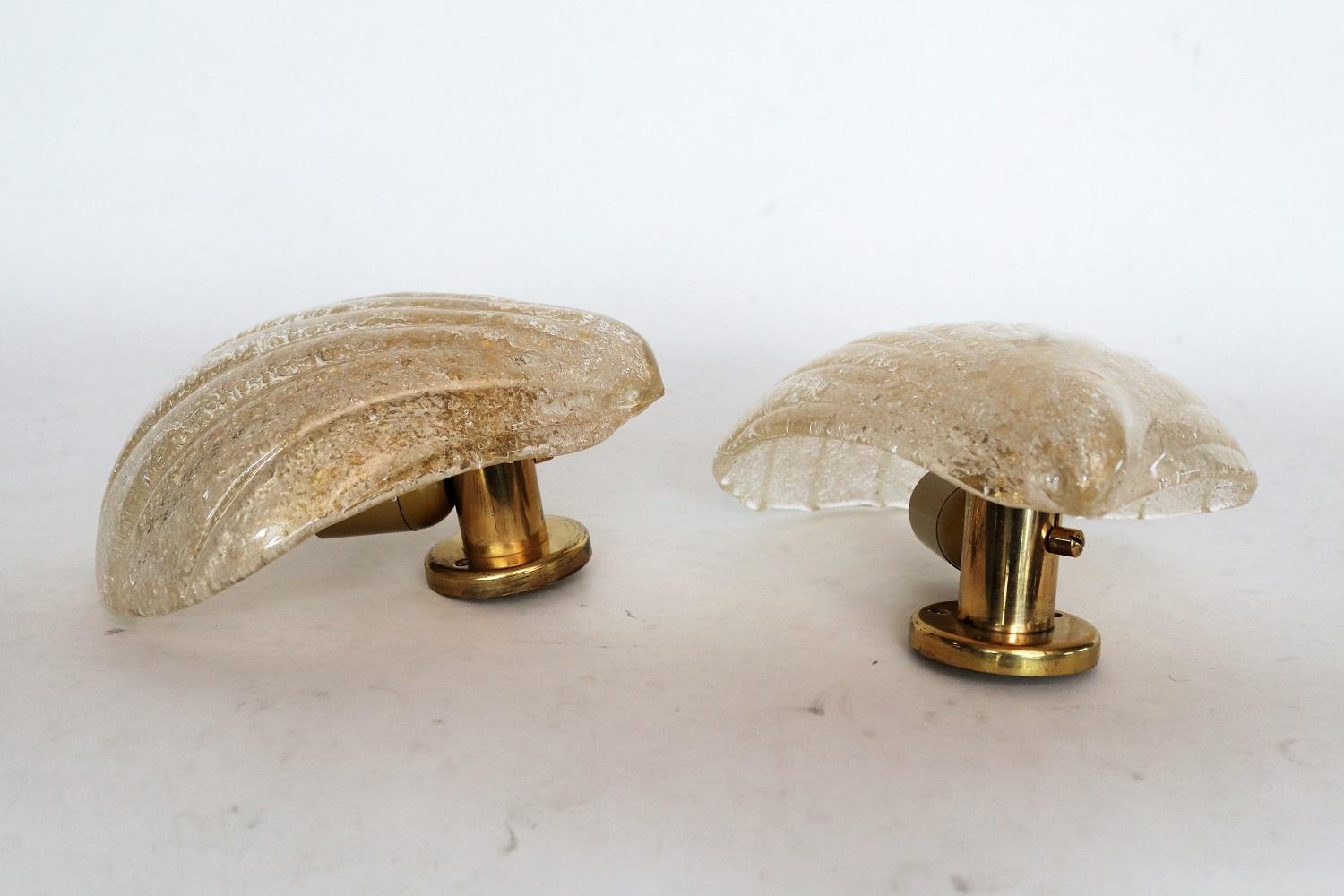 Late 20th Century Italian Murano Glass Shell and Brass Wall Sconces or Wall Lights, 1970s