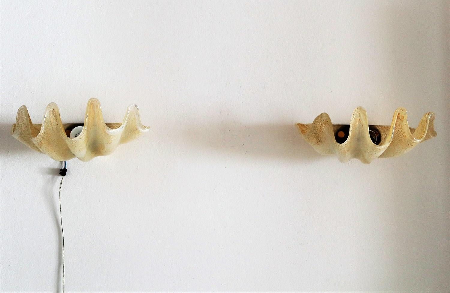 Italian Murano Glass Shell and Brass Wall Sconces or Wall Lights, 1970s 4