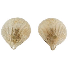 Italian Murano Glass Shell and Brass Wall Sconces or Wall Lights, 1970s