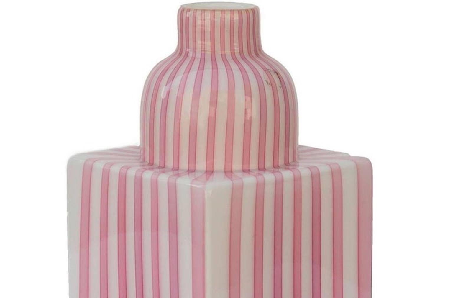 Alessandro Mendini for Venini, Berito glass vase, with vertical pink stripes, incised mark and dated with applied circular label.
Exhibited at Tingo design gallery in 2008 for the exhibition Murano a go-go. Out production. 
Original label and