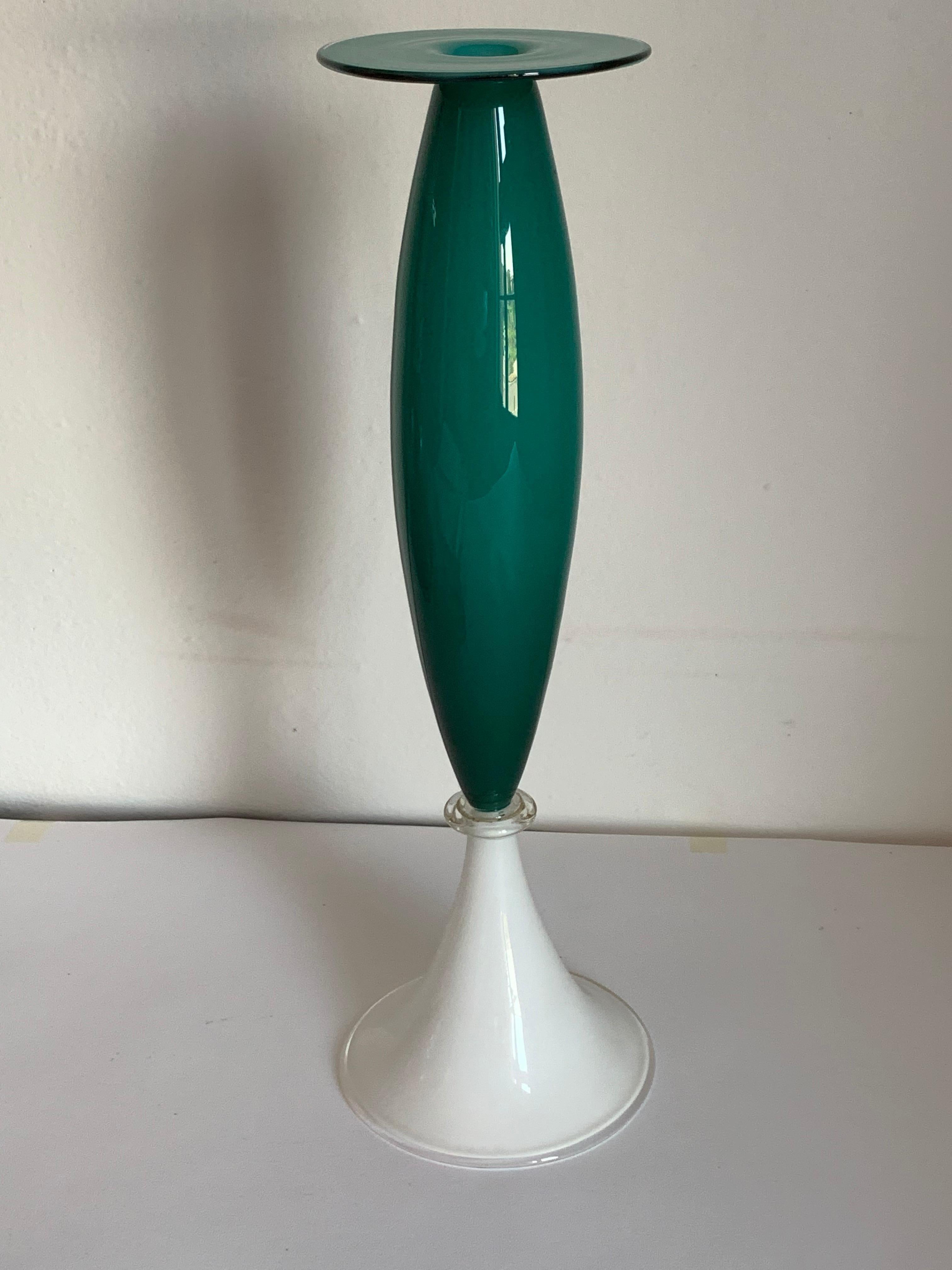 Murano glass vase designed by Yoichi Ohira for De Majo in 1991. 
Rondò series in blown glass on a high two-color opal base. Signature and date engraved on the base.