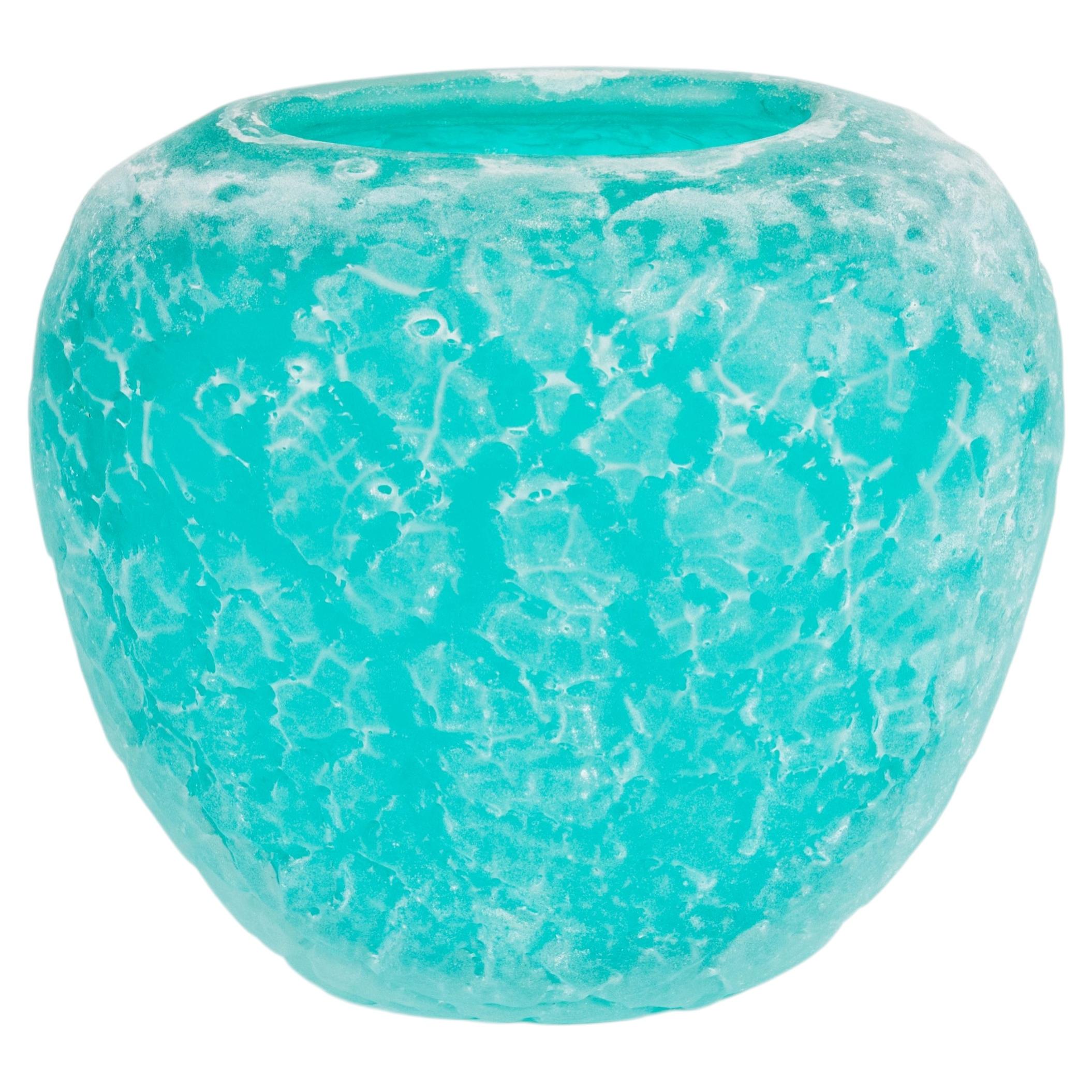 Italian Murano Glass Vase, Sea Water Green Frosted, Cenedese, 1980s