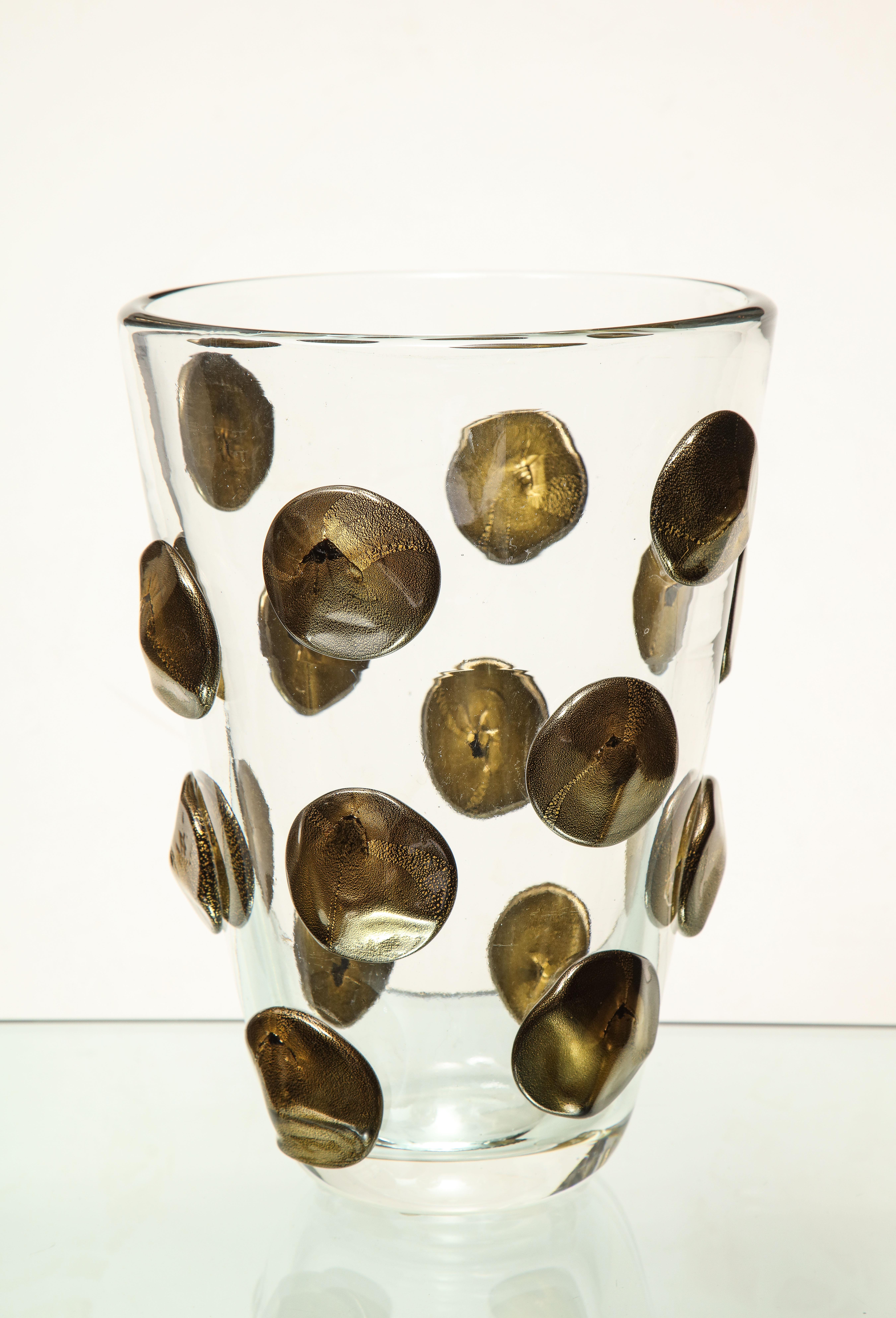 Contemporary Italian Murano Glass Vase with Black and Gold Dots For Sale