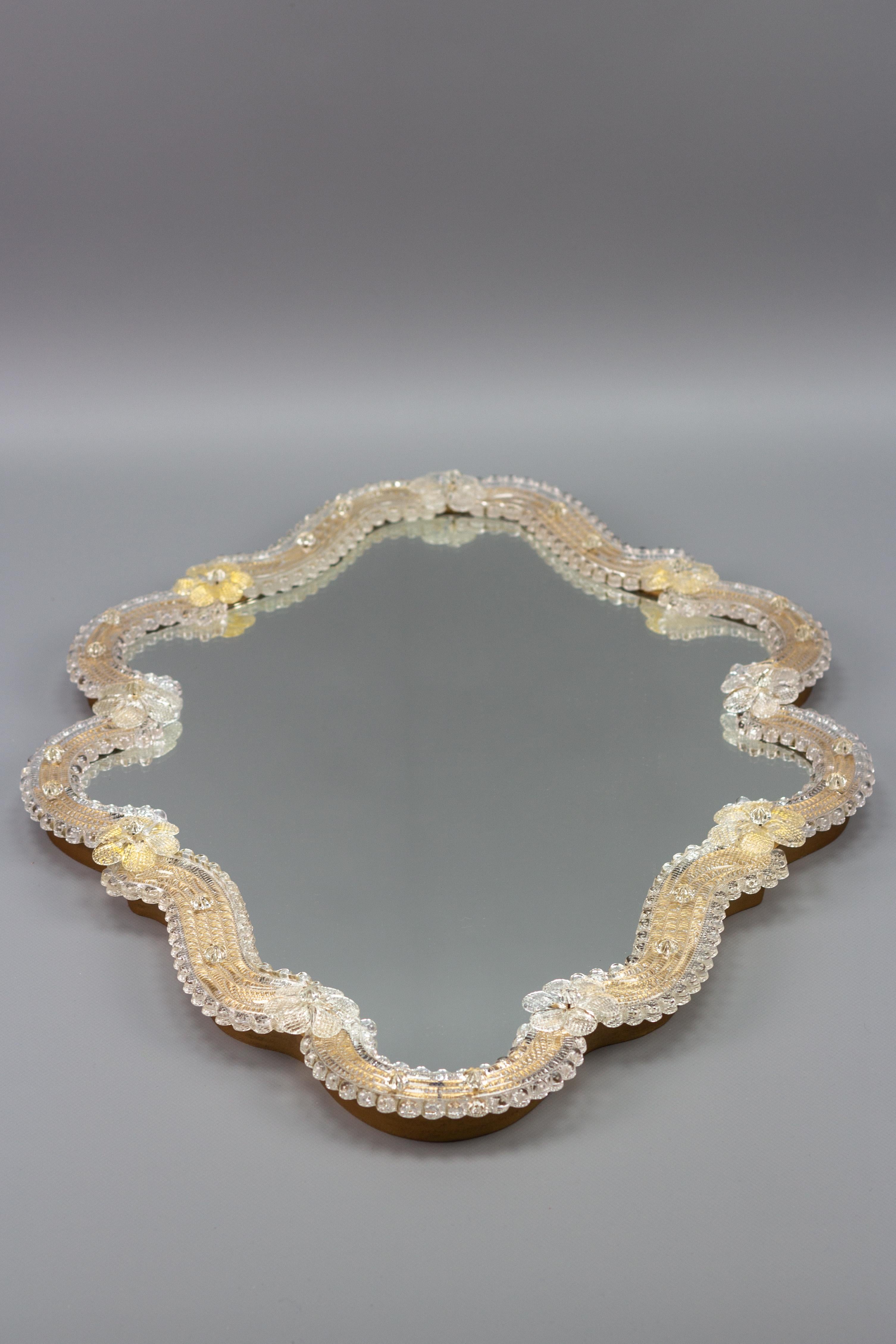 Hollywood Regency Italian Murano Glass Wall Mirror Clear and Light Golden Glass, circa 1950s