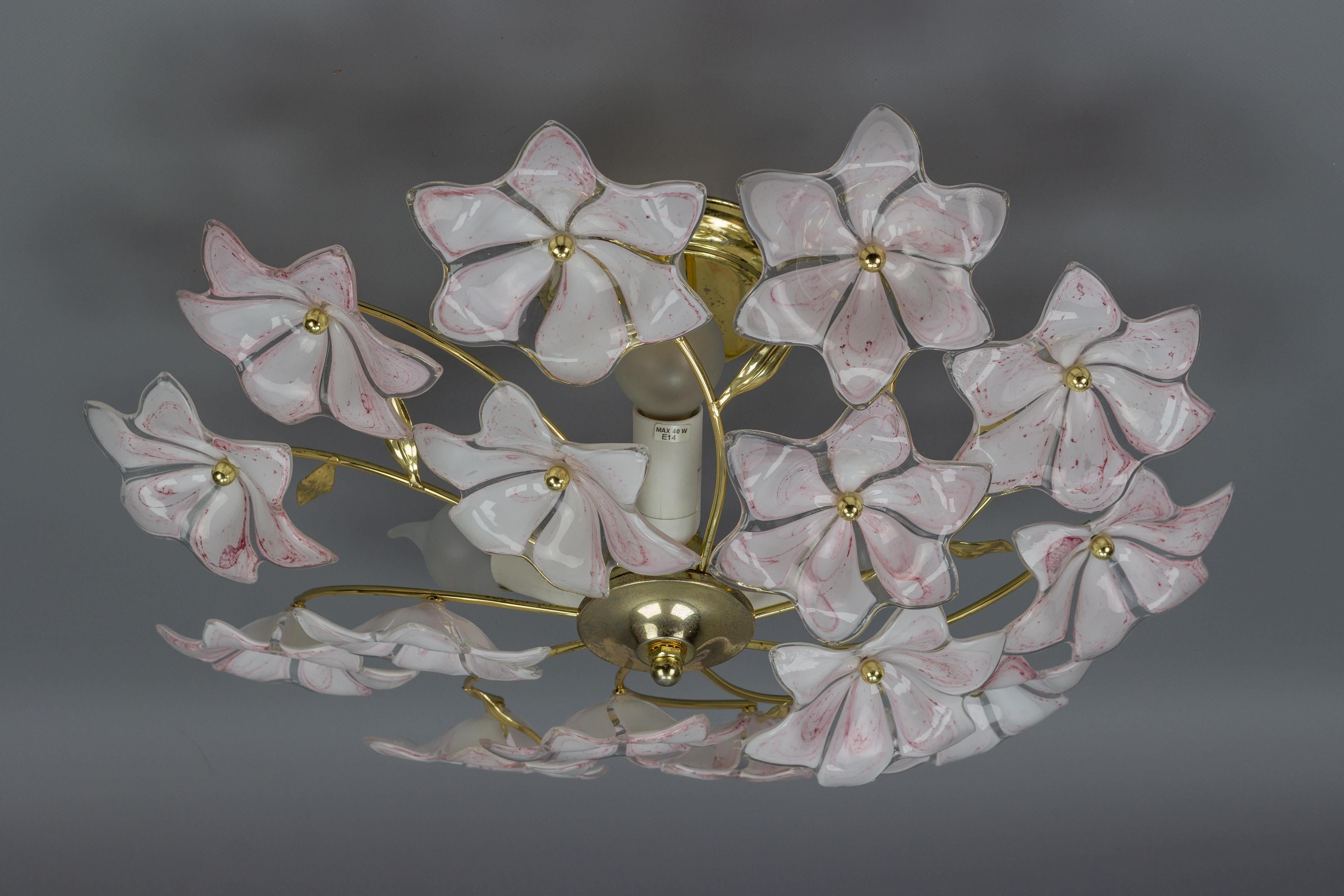 Italian Murano Glass White and Pink Flower Ceiling Light or Chandelier, 1970s In Good Condition In Barntrup, DE