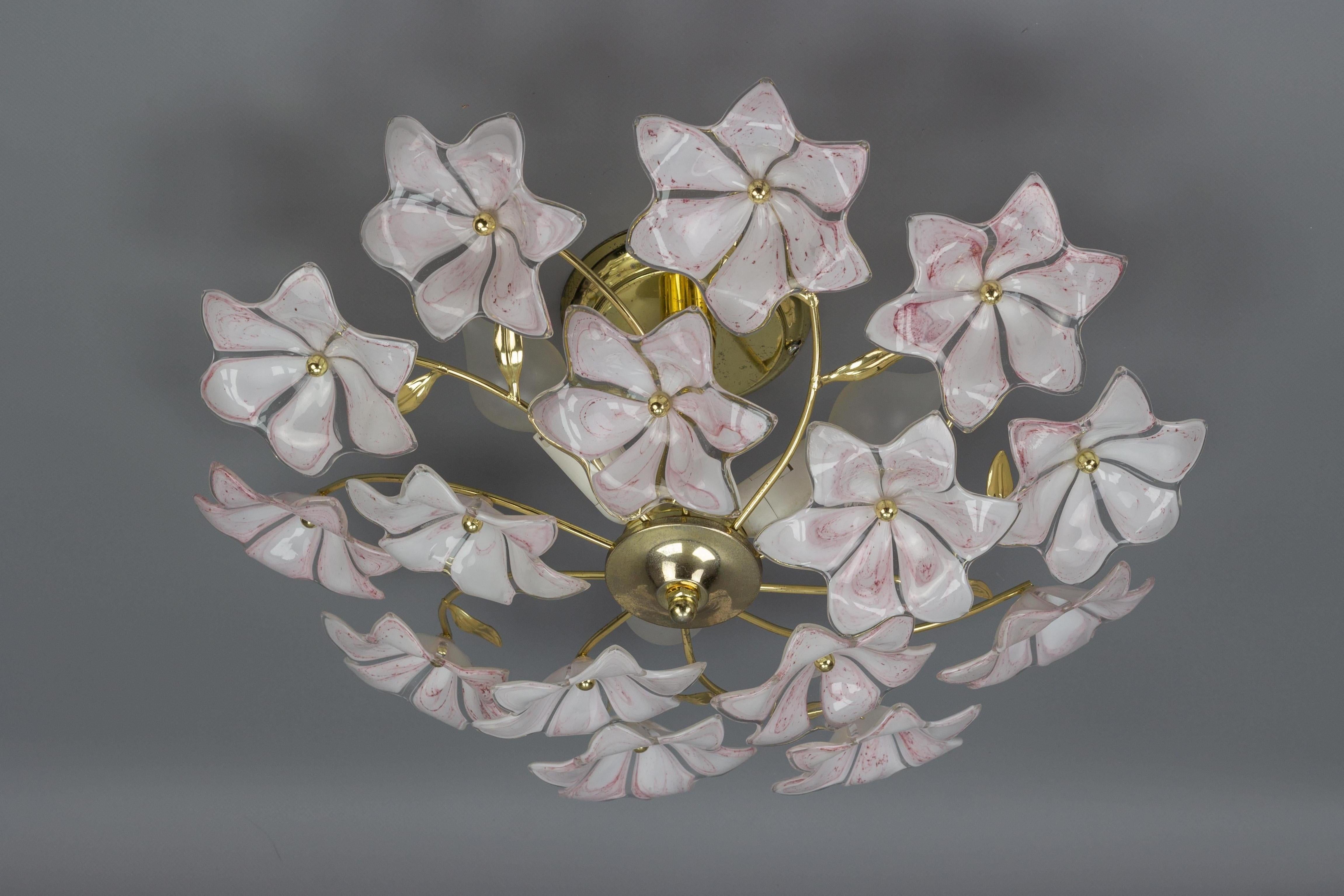 Late 20th Century Italian Murano Glass White and Pink Flower Ceiling Light or Chandelier, 1970s