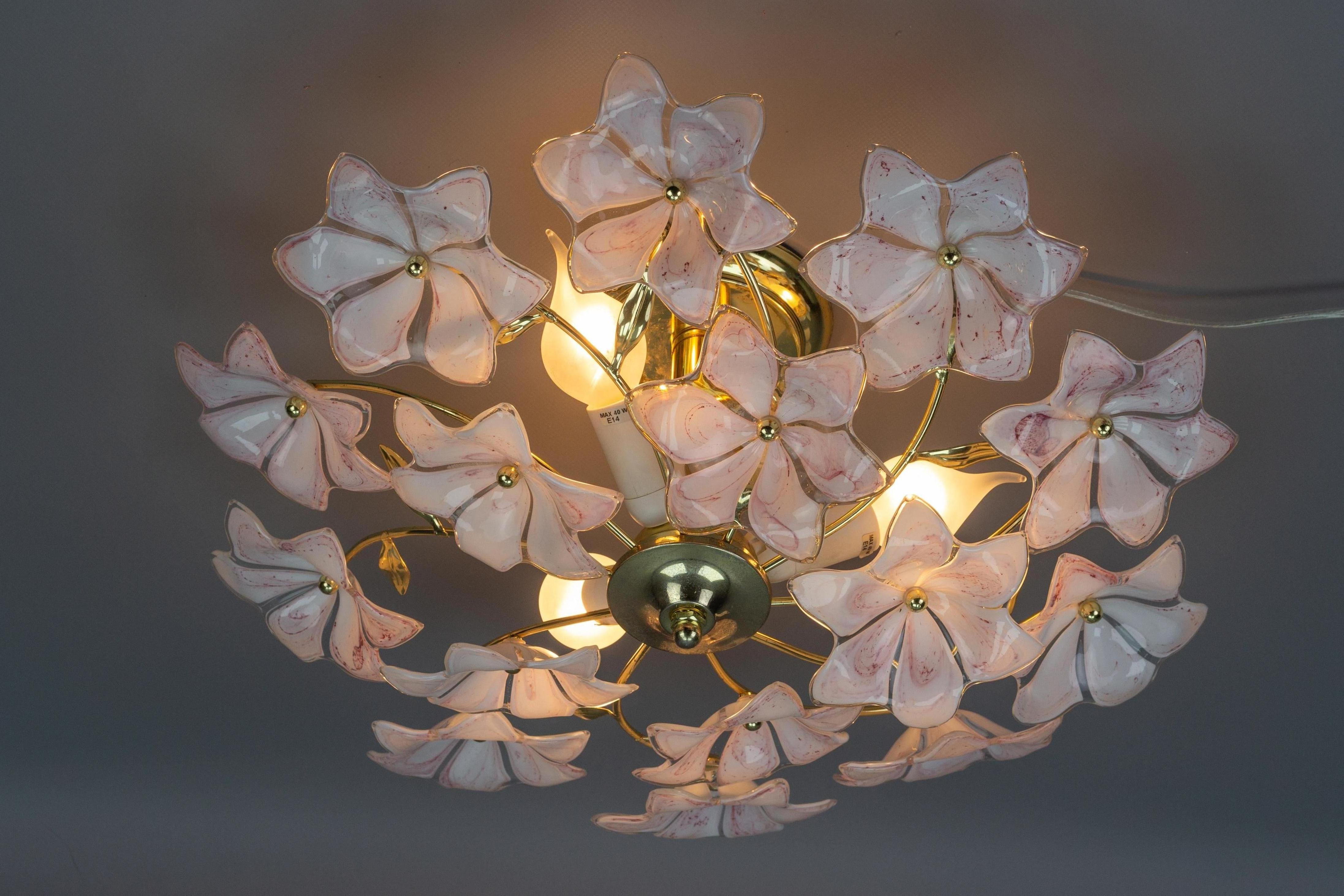 Metal Italian Murano Glass White and Pink Flower Ceiling Light or Chandelier, 1970s