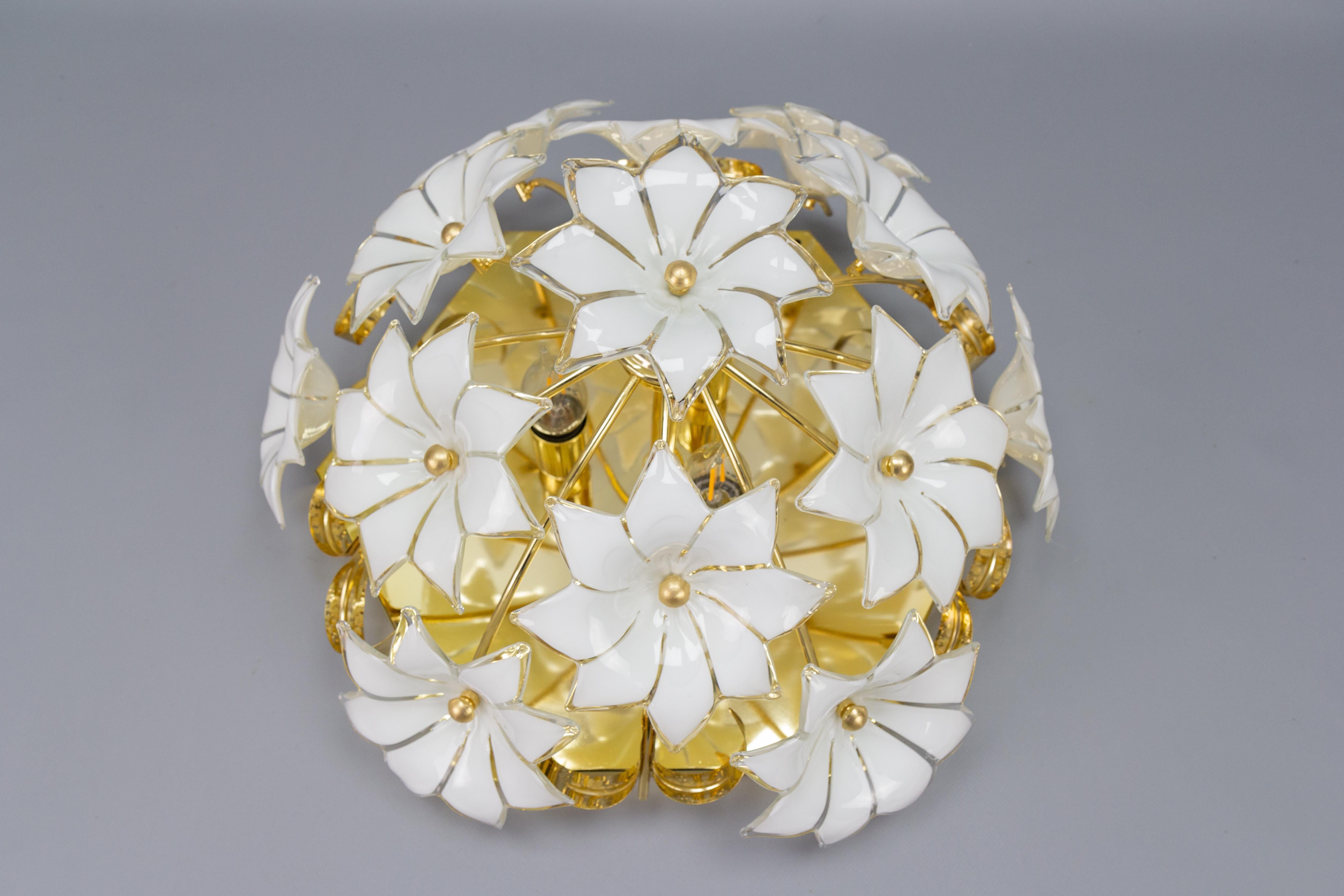 Mid-Century Modern Italian Murano Glass White Flower Three-Light Flush Mount, 1970s For Sale