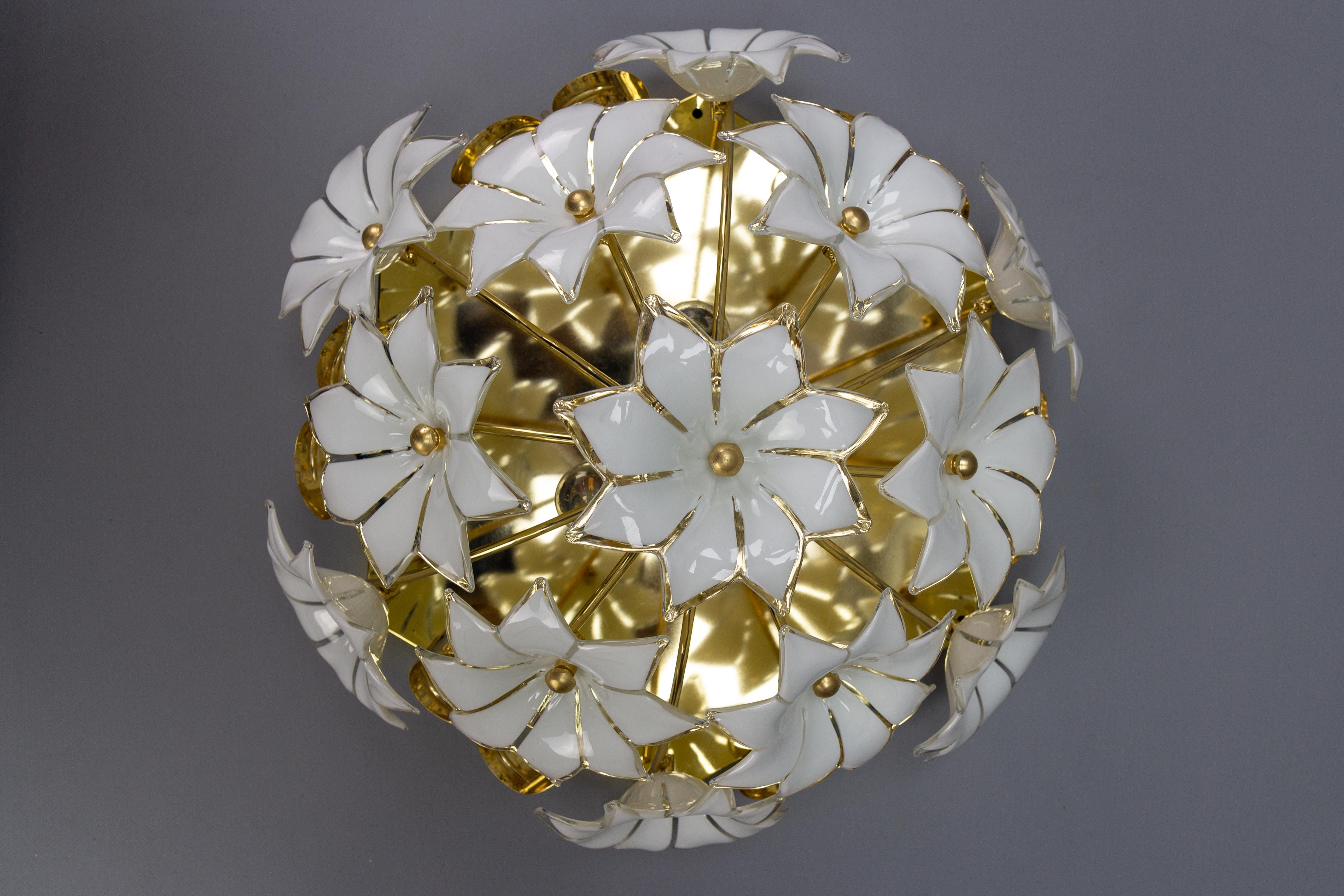 Late 20th Century Italian Murano Glass White Flower Three-Light Flush Mount, 1970s For Sale