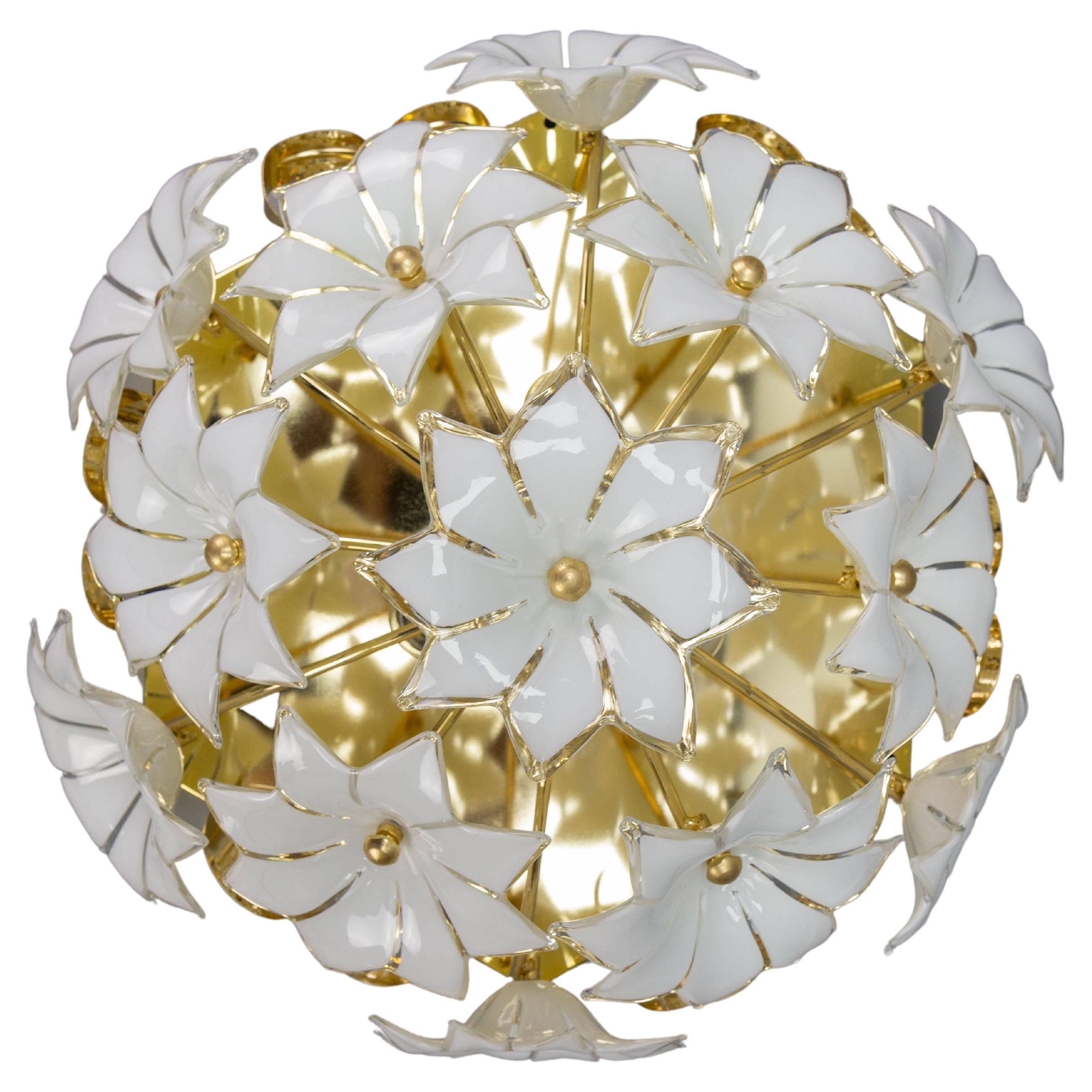 Italian Murano Glass White Flower Three-Light Flush Mount, 1970s For Sale