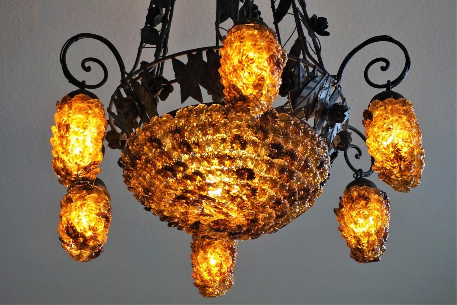 Painted Italian Murano Glass Wrought Iron Seven-Light Chandelier, 1930s For Sale