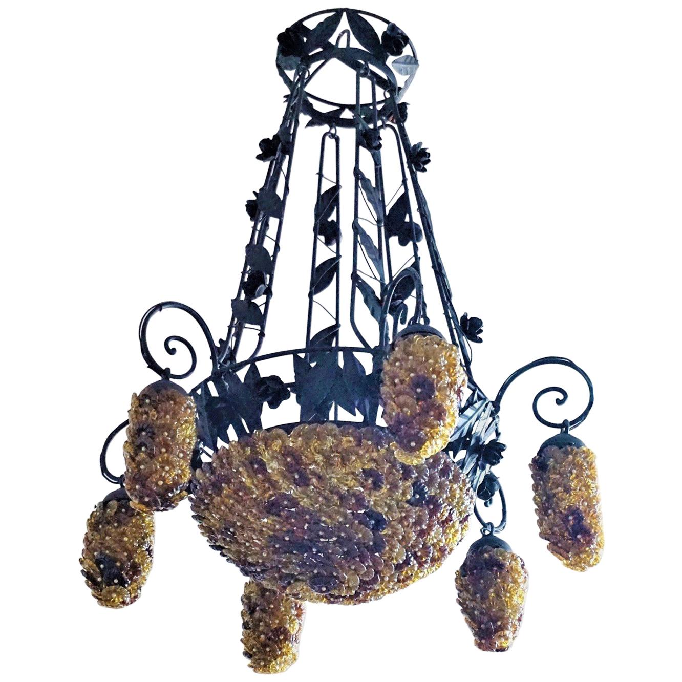 Italian Murano Glass Wrought Iron Seven-Light Chandelier, 1930s