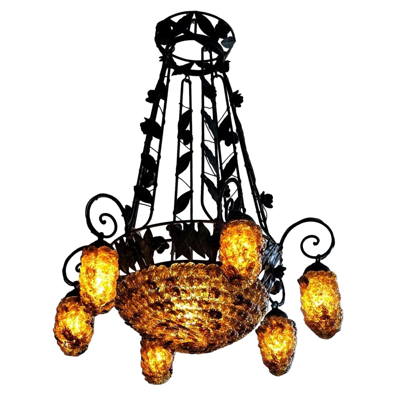 Italian Murano Glass Wrought Iron Seven-Light Chandelier, 1930s For Sale