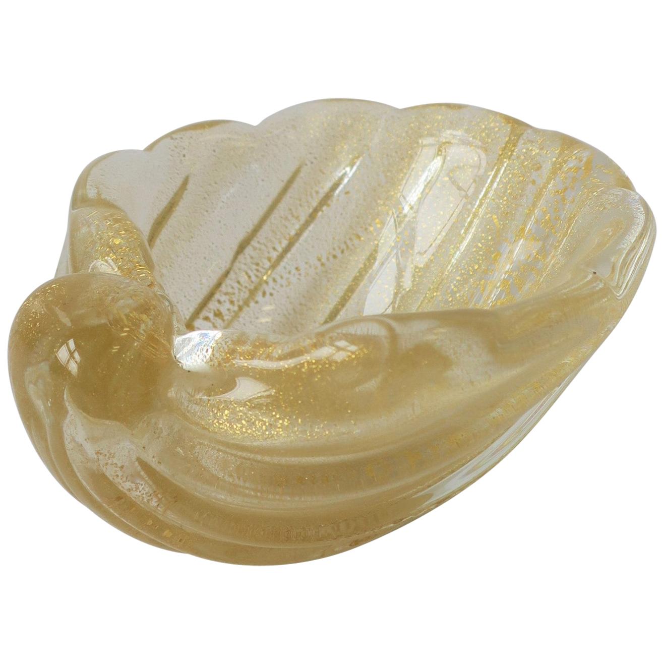 Italian Murano Gold Art Glass Seashell Form Bowl Jewelry Dish