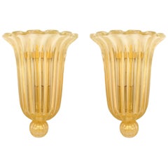 Italian Murano Gold Dusted Fluted Glass Wall Sconces Italian Murano Gold Dusted Fluted Glass Wall Sconces