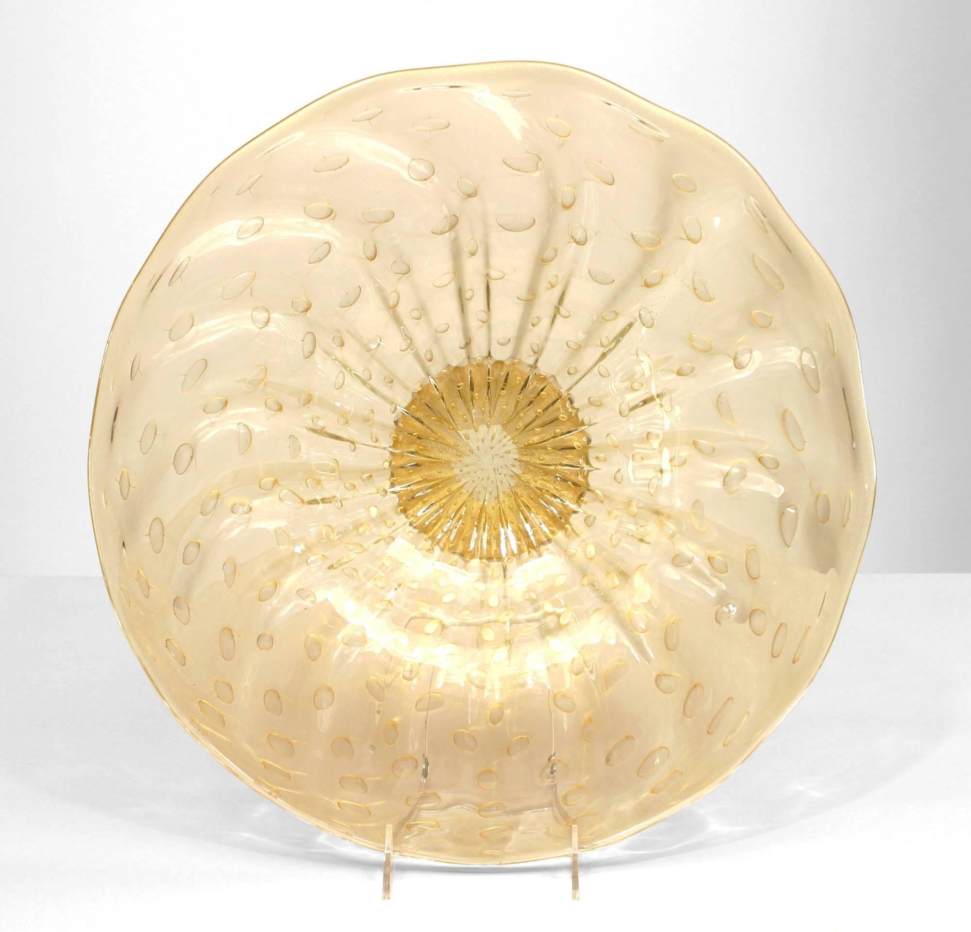 Italian Murano gold dusted glass round centerpiece or compote with scalloped edge and 