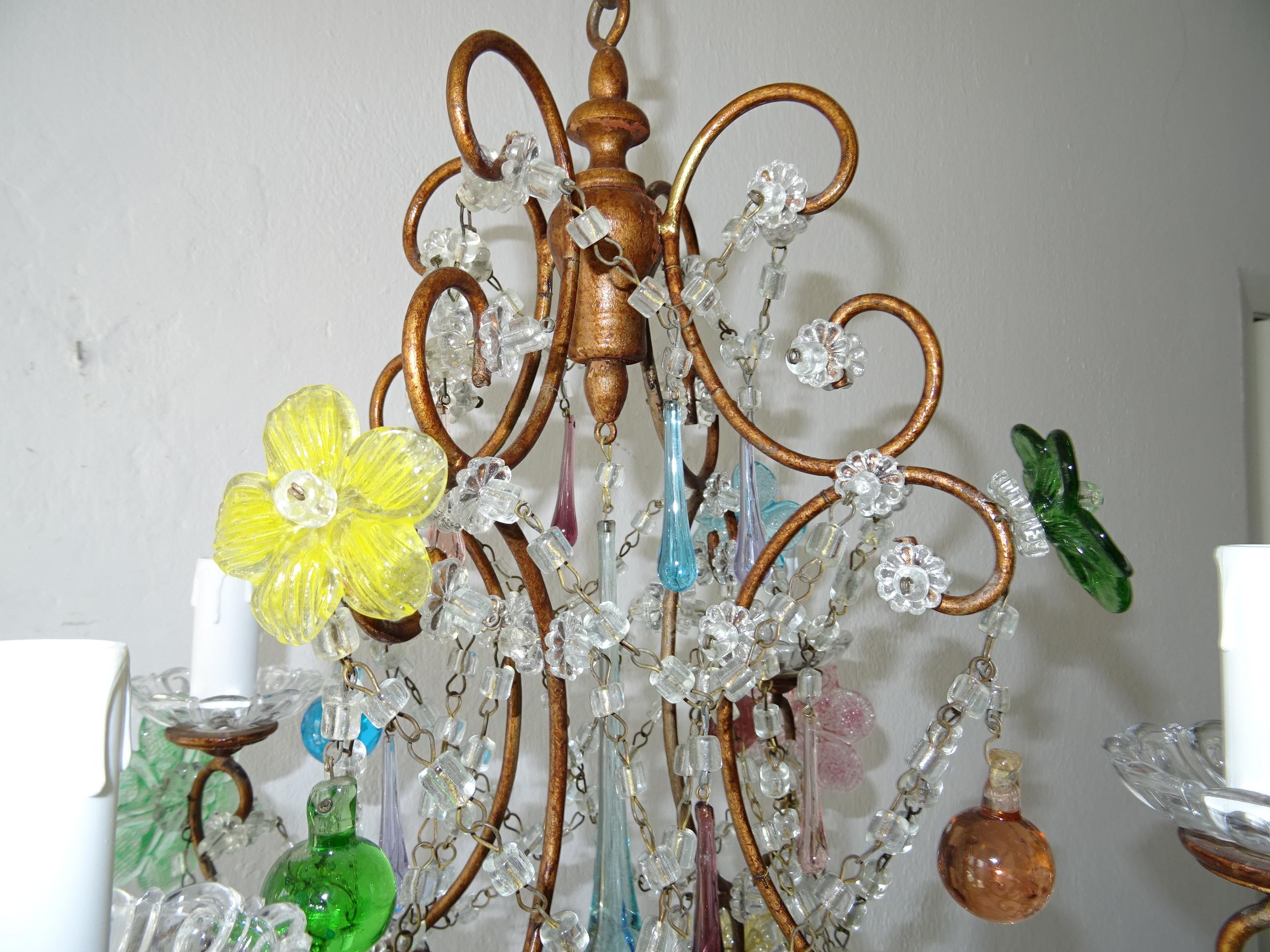Italian Murano Gold Gilt Multi-Color Drops and Flowers Chandelier, circa 1920 For Sale 5