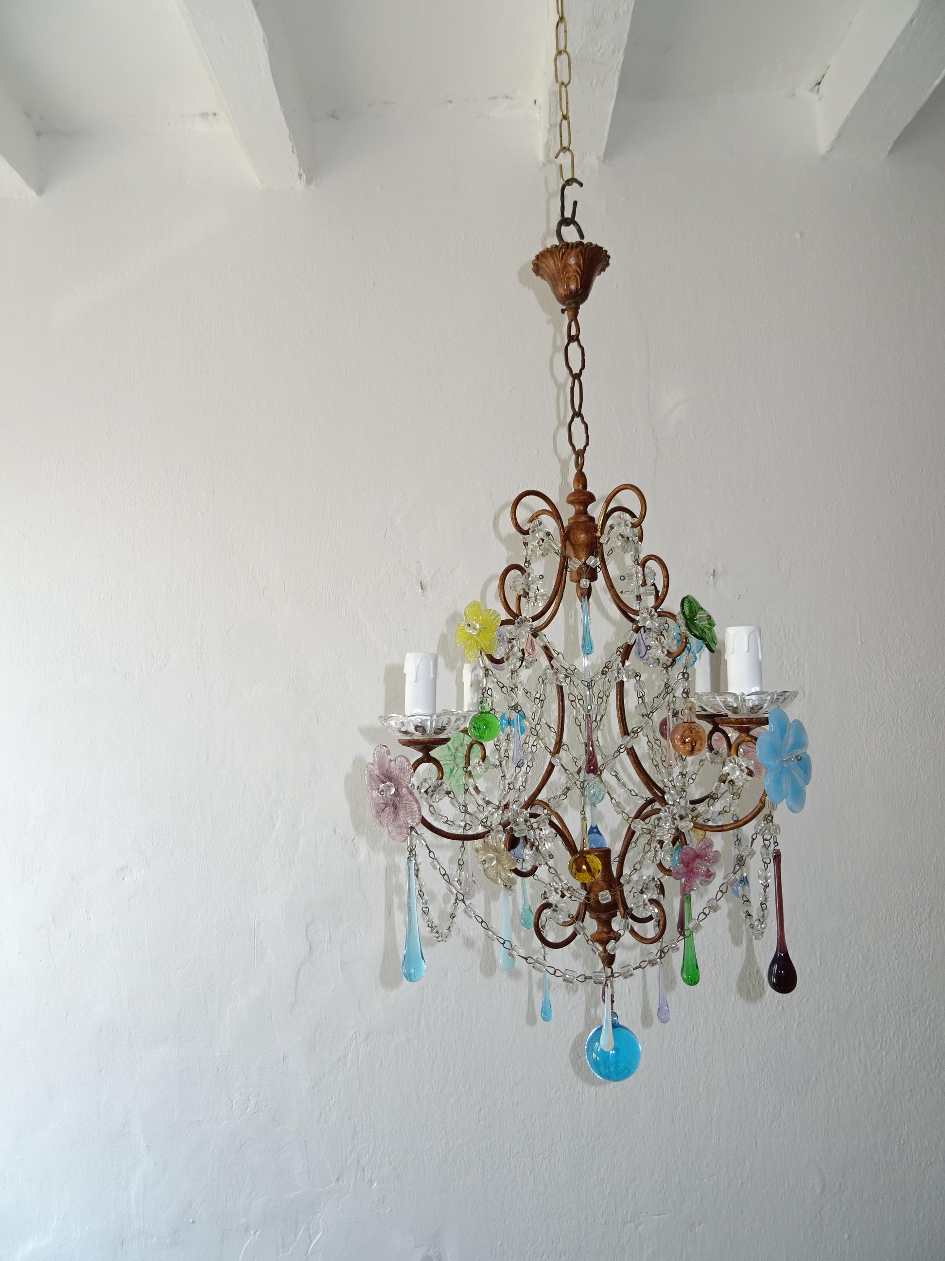 Italian Murano Gold Gilt Multi-Color Drops and Flowers Chandelier, circa 1920 For Sale 6