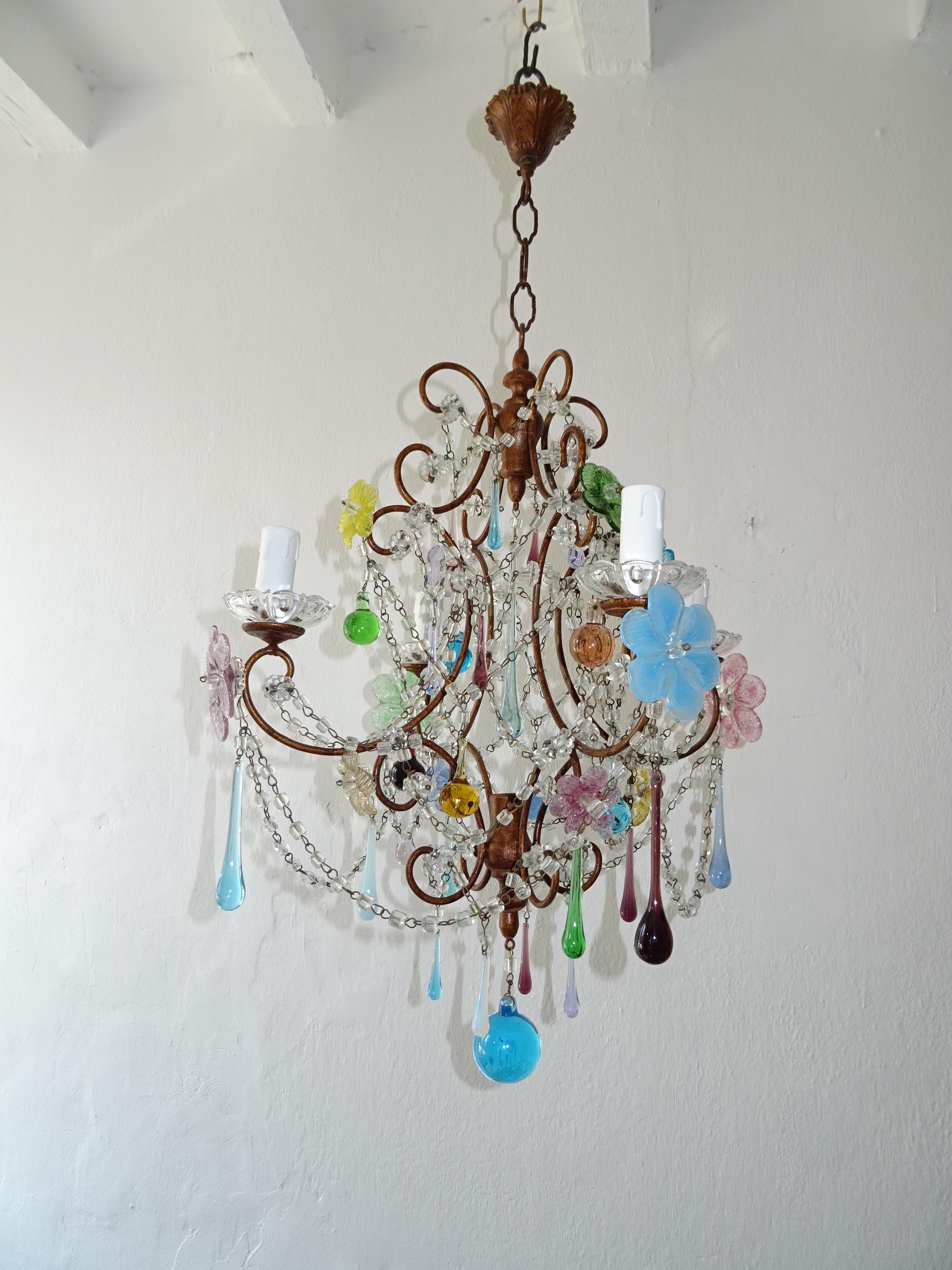 Crystal Italian Murano Gold Gilt Multi-Color Drops and Flowers Chandelier, circa 1920 For Sale