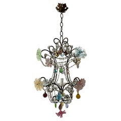 Italian Murano Gold Gilt Multi-Color Drops and Flowers Chandelier, circa 1920