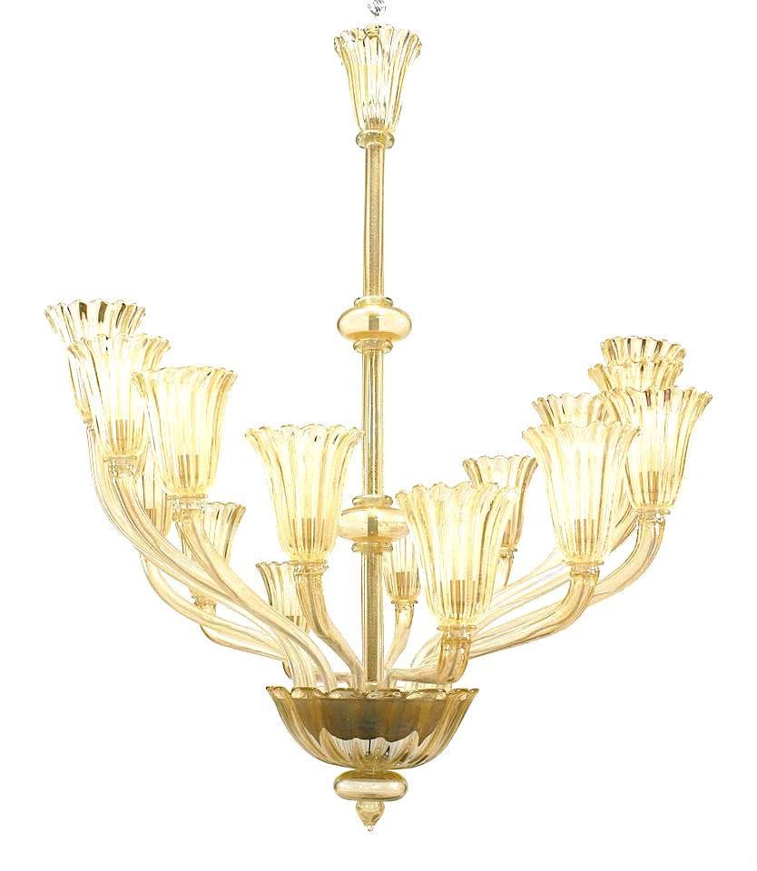 Italian Murano gondola shaped chandelier with 8 Pair of multi-length gold dusted glass arms with large fluted & flaired design shades.
