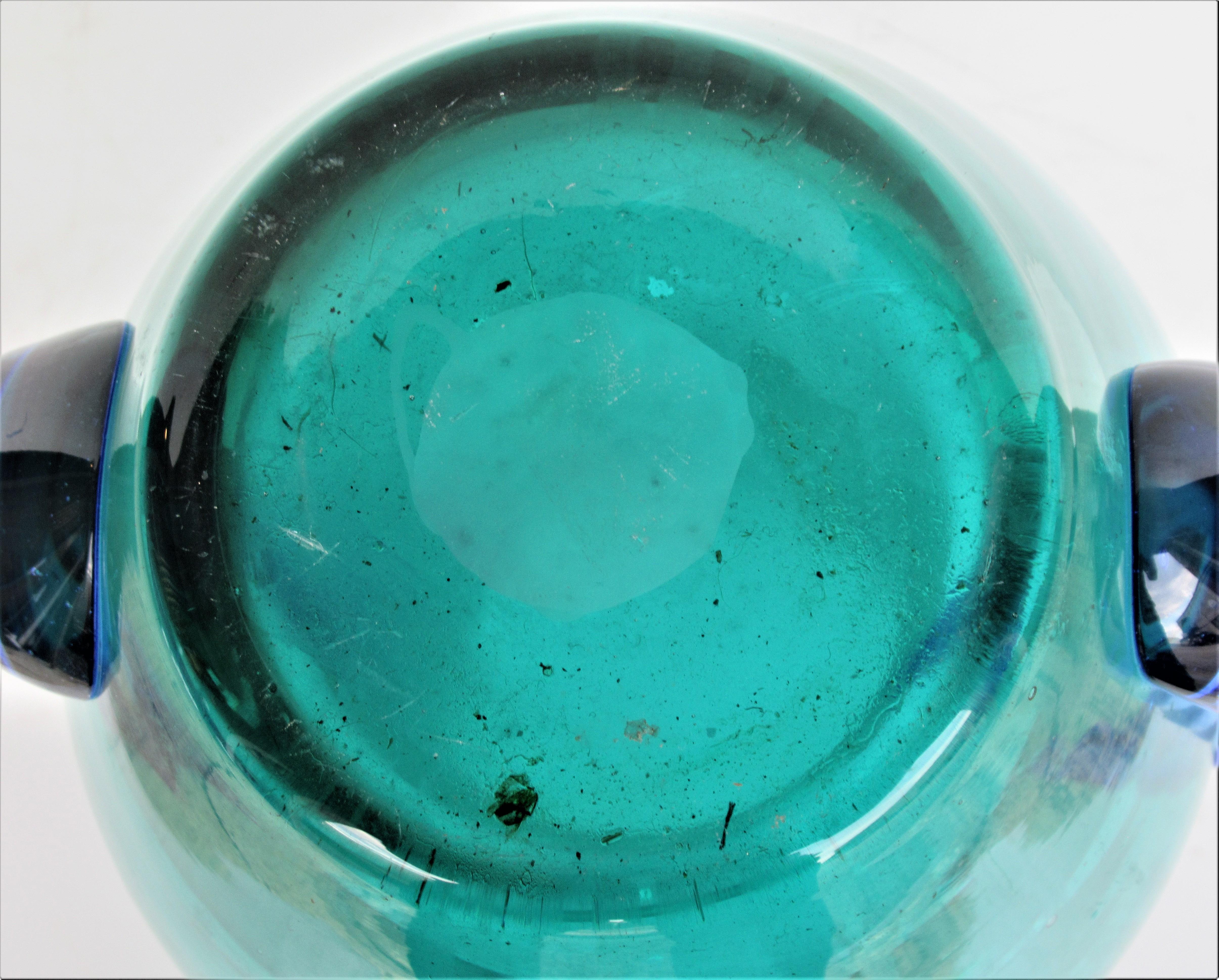Italian Murano Green Blue Glass Ribbon Handle Urn Vase 7
