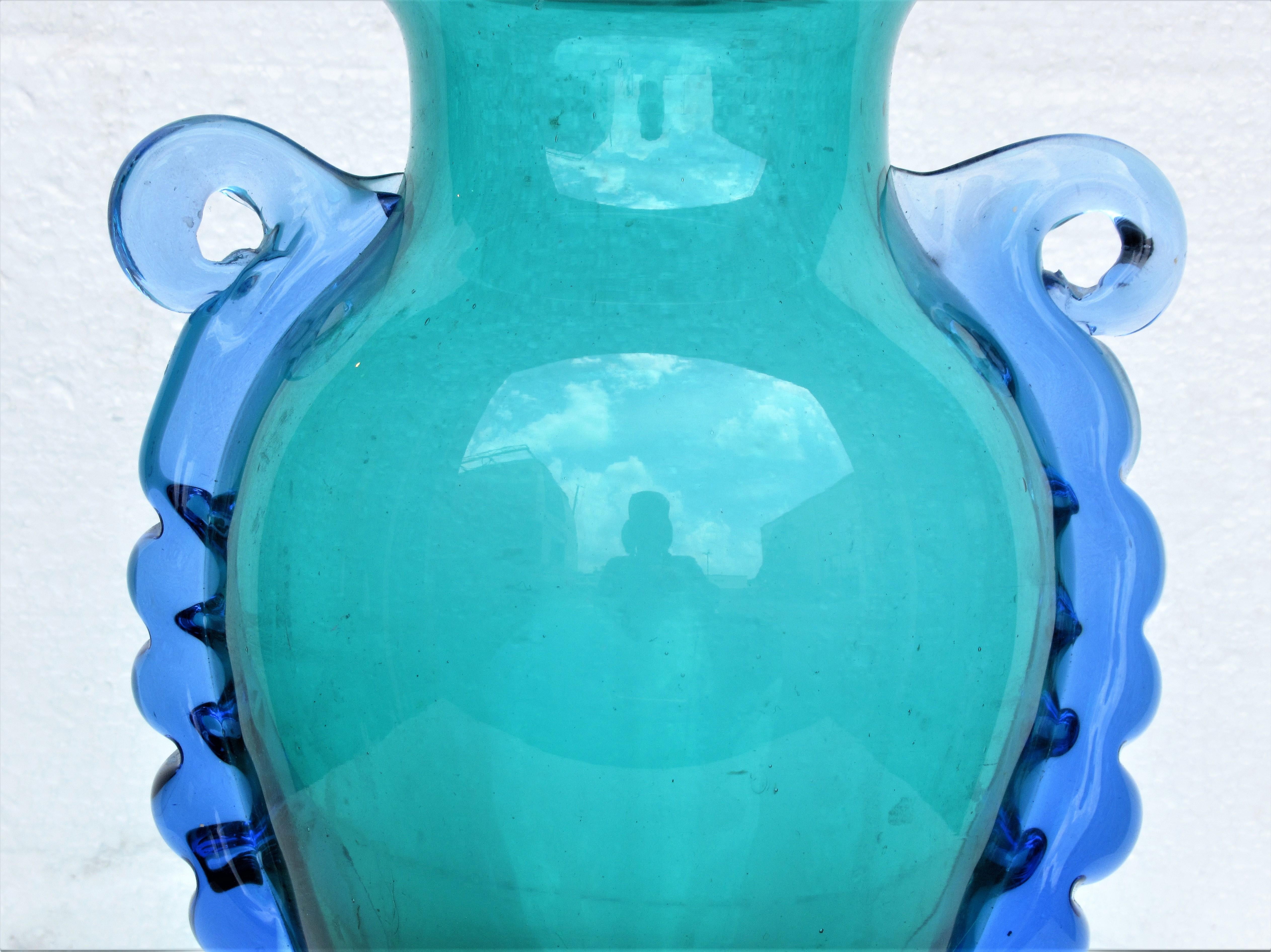 Mid-Century Modern Italian Murano Green Blue Glass Ribbon Handle Urn Vase