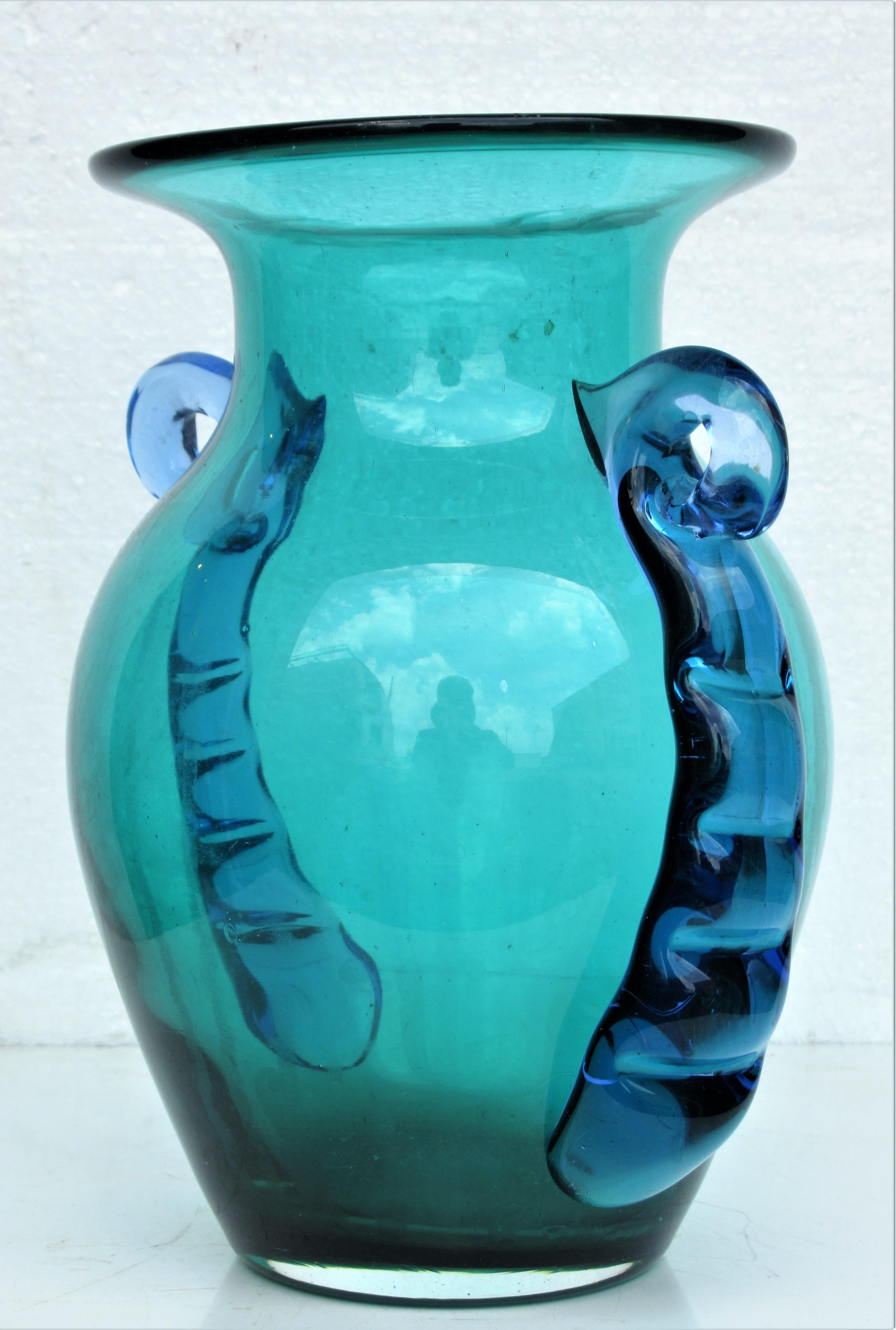 Art Glass Italian Murano Green Blue Glass Ribbon Handle Urn Vase