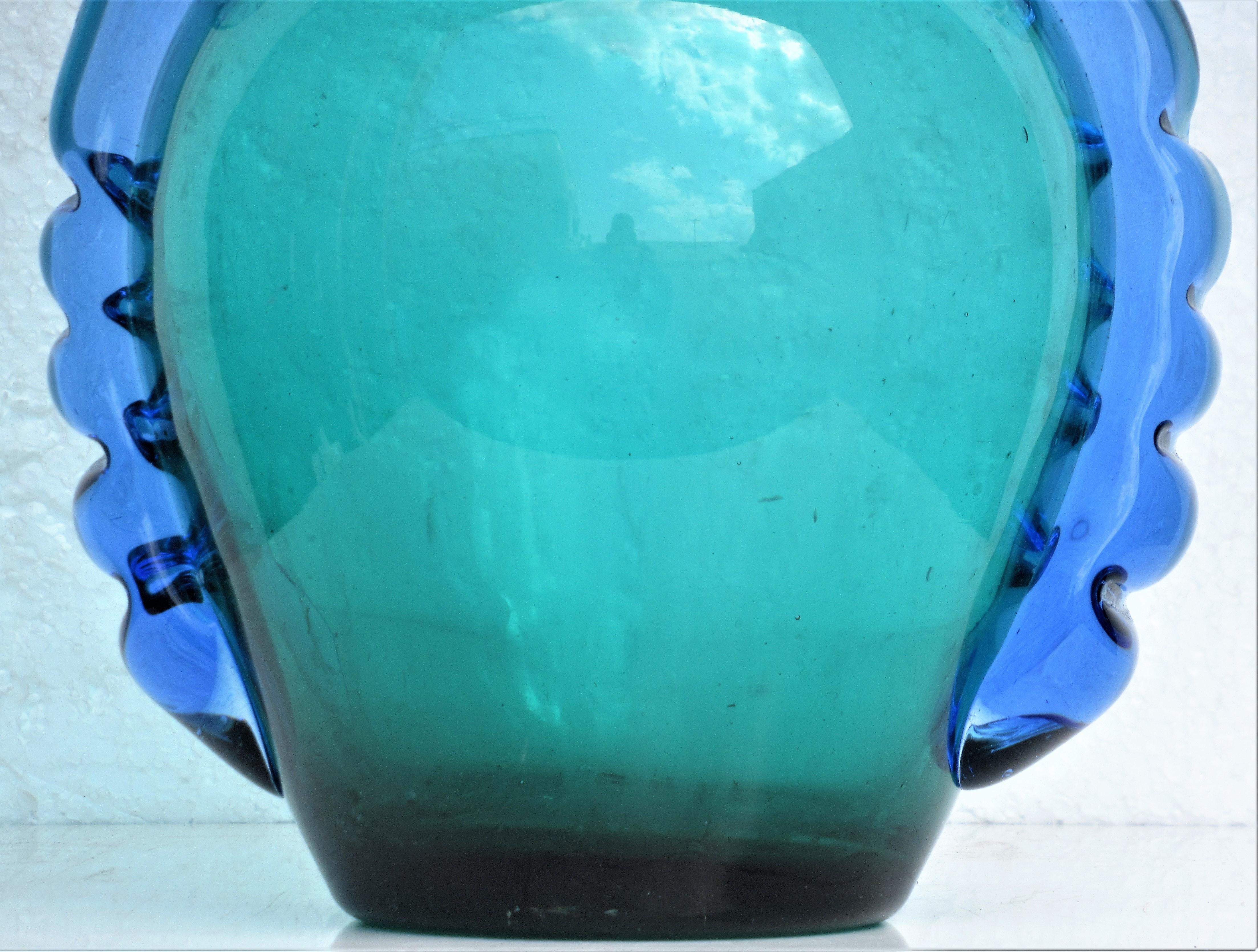 Italian Murano Green Blue Glass Ribbon Handle Urn Vase In Good Condition In Rochester, NY