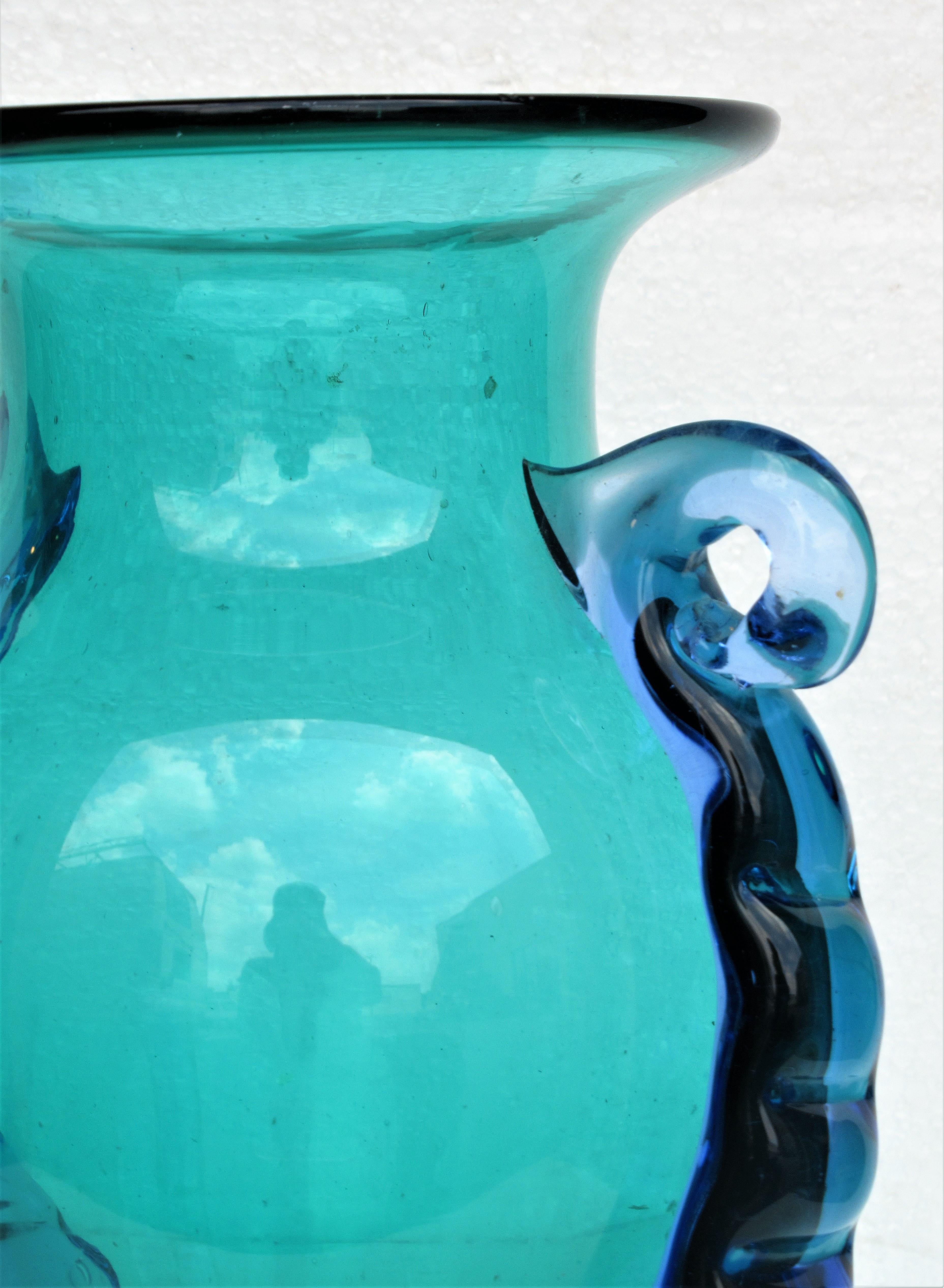 Italian Murano Green Blue Glass Ribbon Handle Urn Vase 1