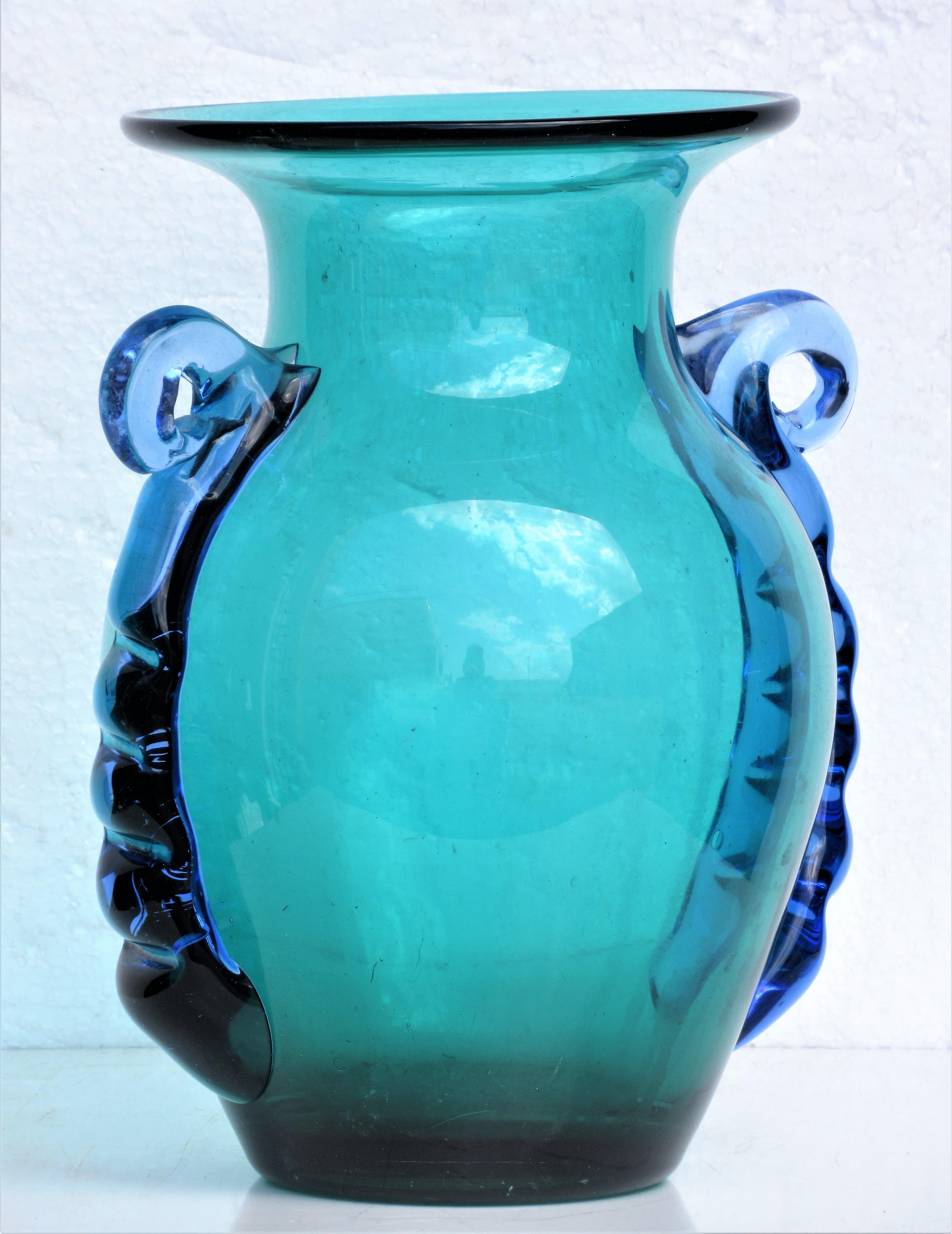 20th Century Italian Murano Green Blue Glass Ribbon Handle Urn Vase