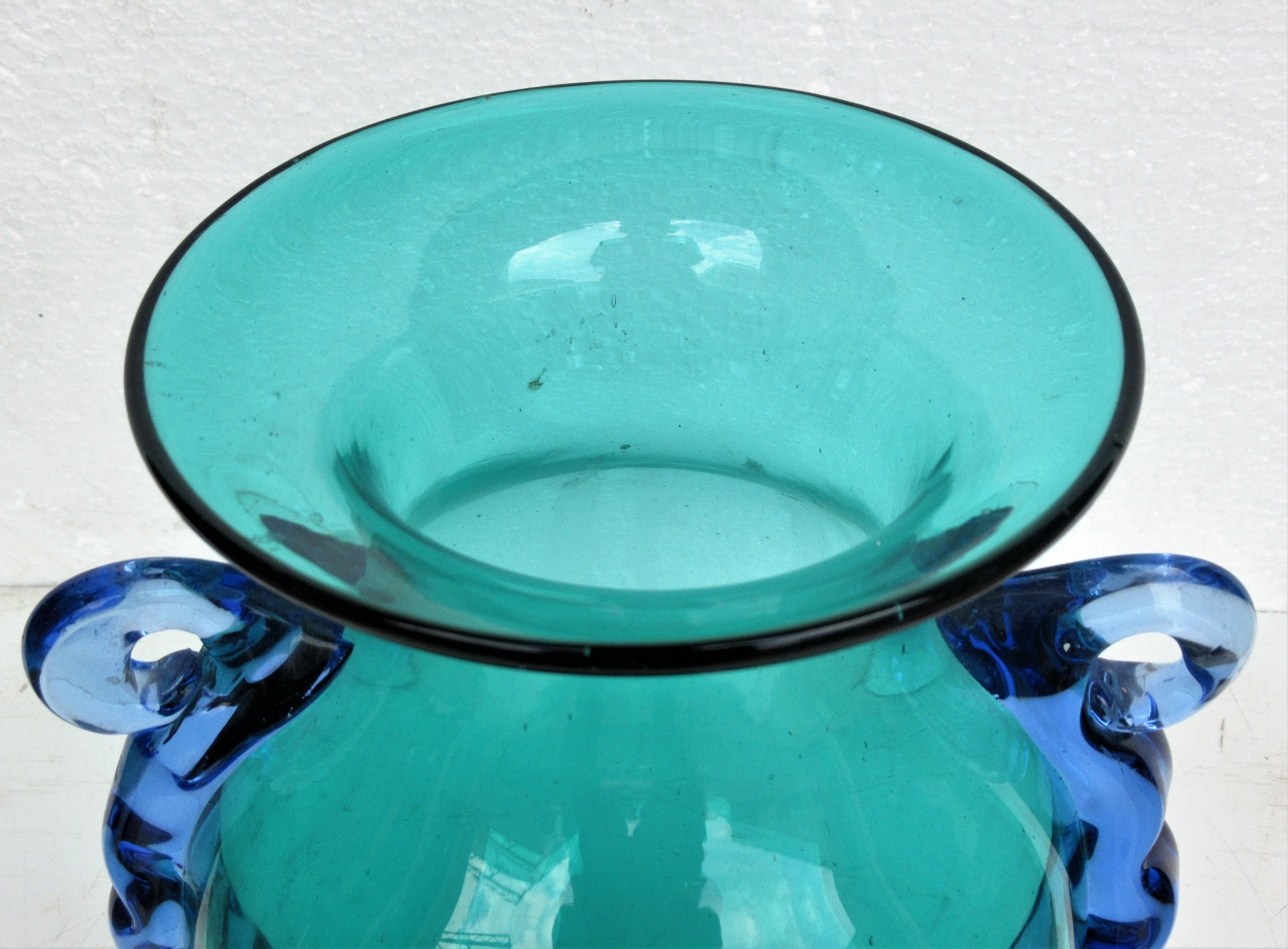 Italian Murano Green Blue Glass Ribbon Handle Urn Vase 2