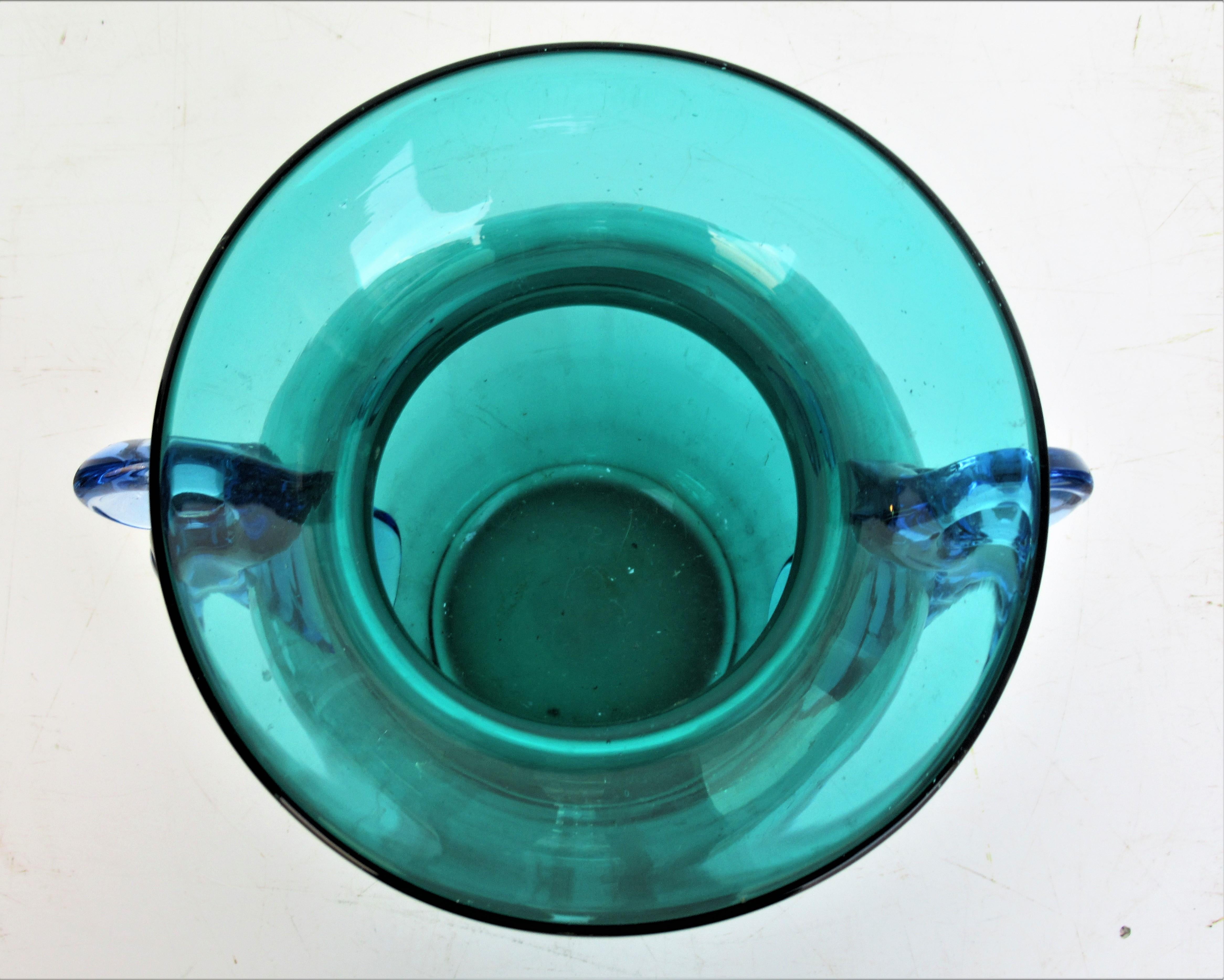 Italian Murano Green Blue Glass Ribbon Handle Urn Vase 4