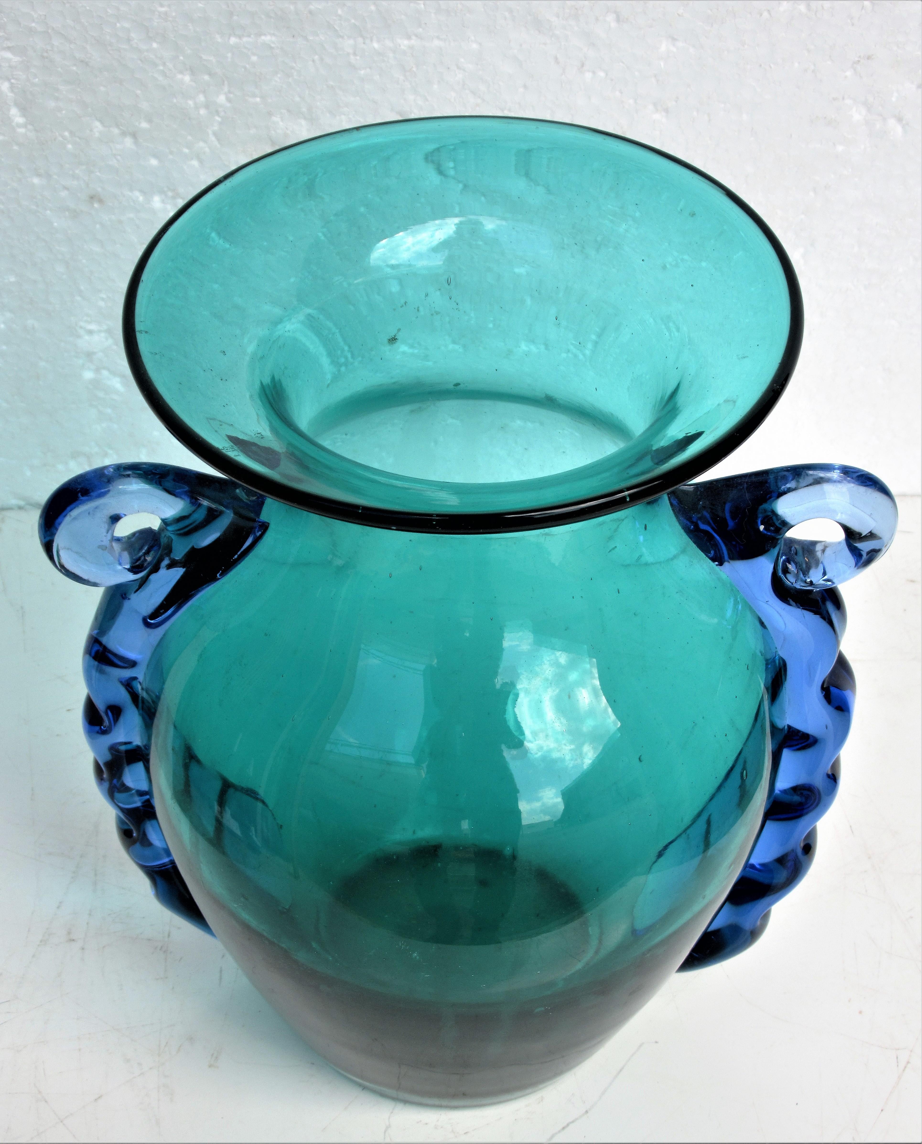 Italian Murano Green Blue Glass Ribbon Handle Urn Vase 3
