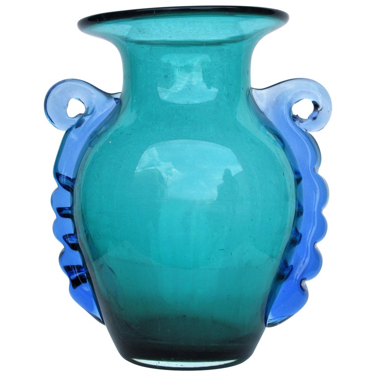 Italian Murano Green Blue Glass Ribbon Handle Urn Vase at 1stDibs