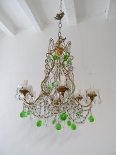 Italienischer Murano-Kronleuchter mit grünen Tropfen und Makkaroni-Schwänzen, um 1900