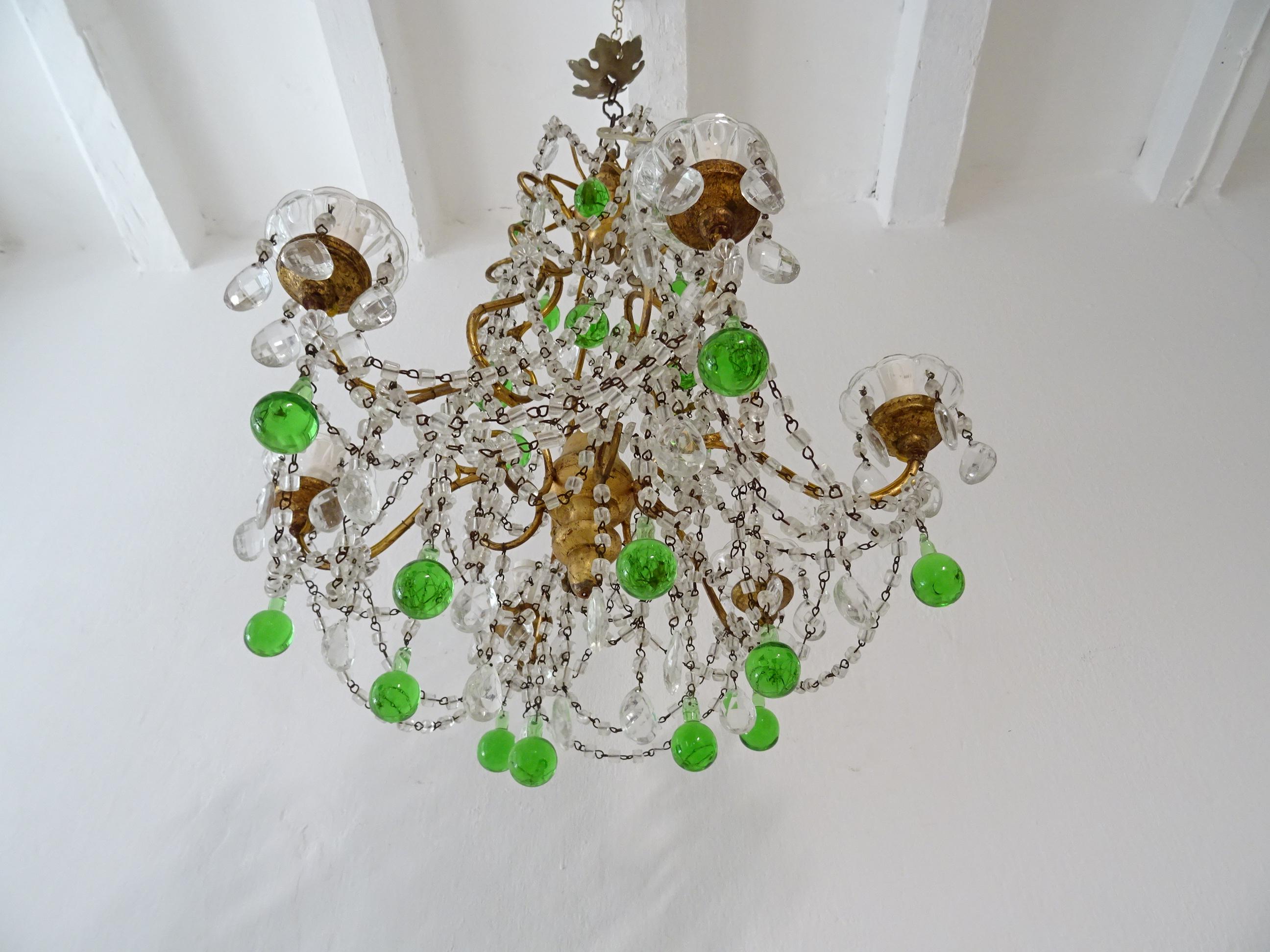 Rococo Italian Murano Green Drops Macaroni Swags Chandelier, circa 1900 For Sale