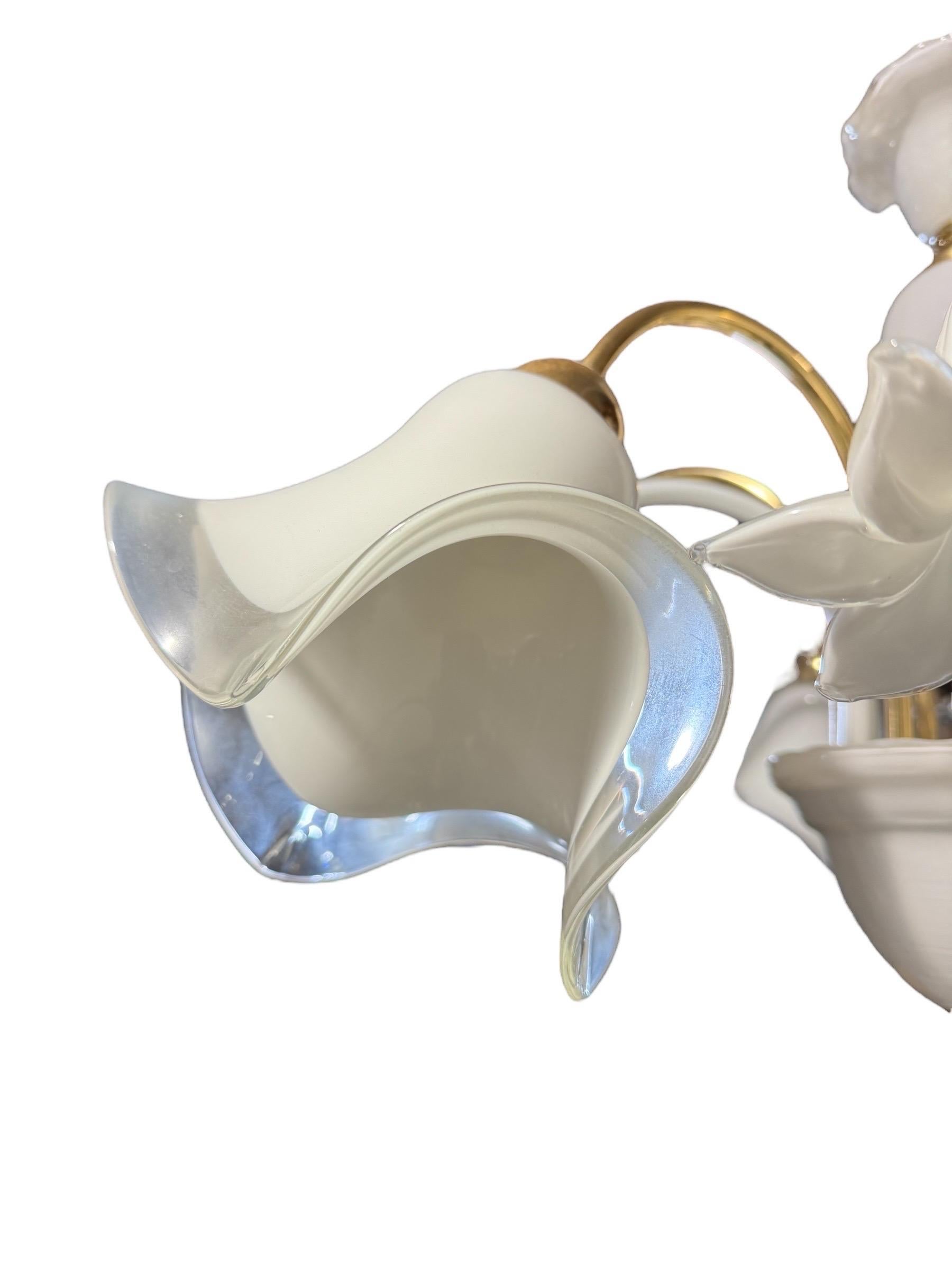 Brass Italian Murano Hand Blown Lily Art Glass Chandelier For Sale
