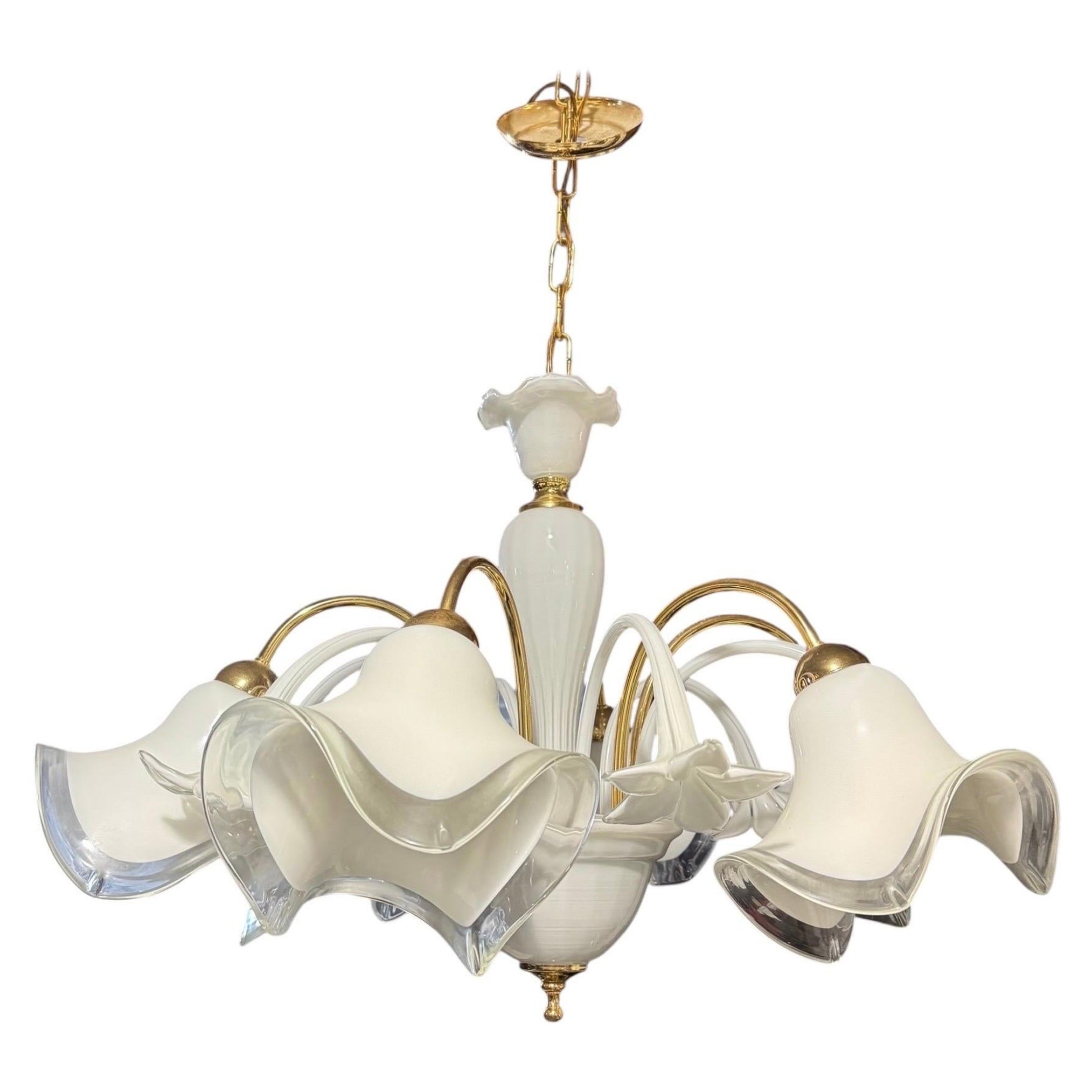 Italian Murano Hand Blown Lily Art Glass Chandelier For Sale