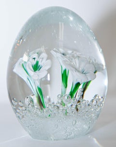 Italian Murano Hand Blown Art Glass Paperweight with White Flowers Fratelli Toso